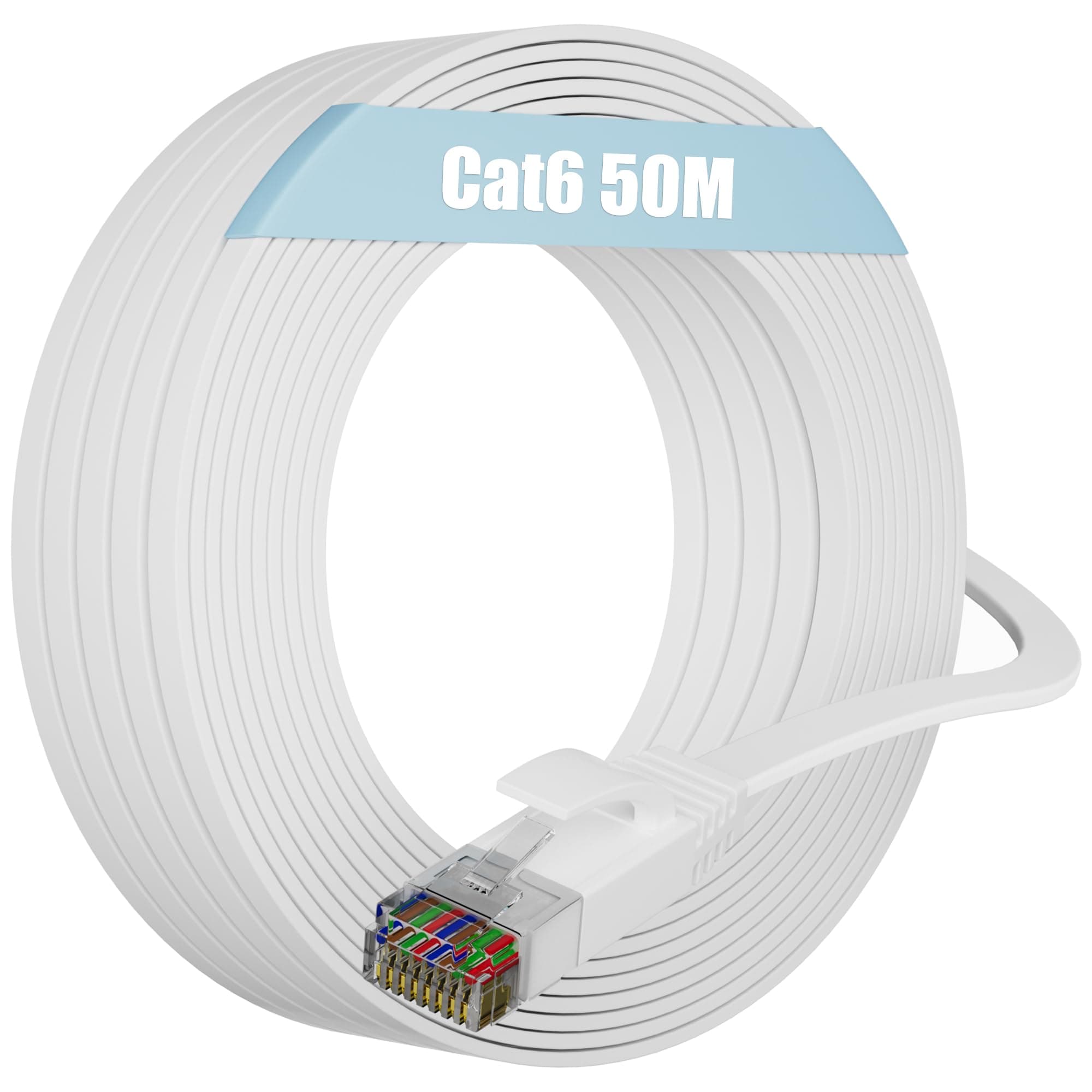 Cat 6 Ethernet Cable 50m, Internet Cable 50m High Speed Gigabit 10/100/1000Mbit/s, Long Network Cable Flat Wlan Cables, RJ45 Patch Cable Slim LAN Cable White Broadband Cables for Modem (50 Clips)