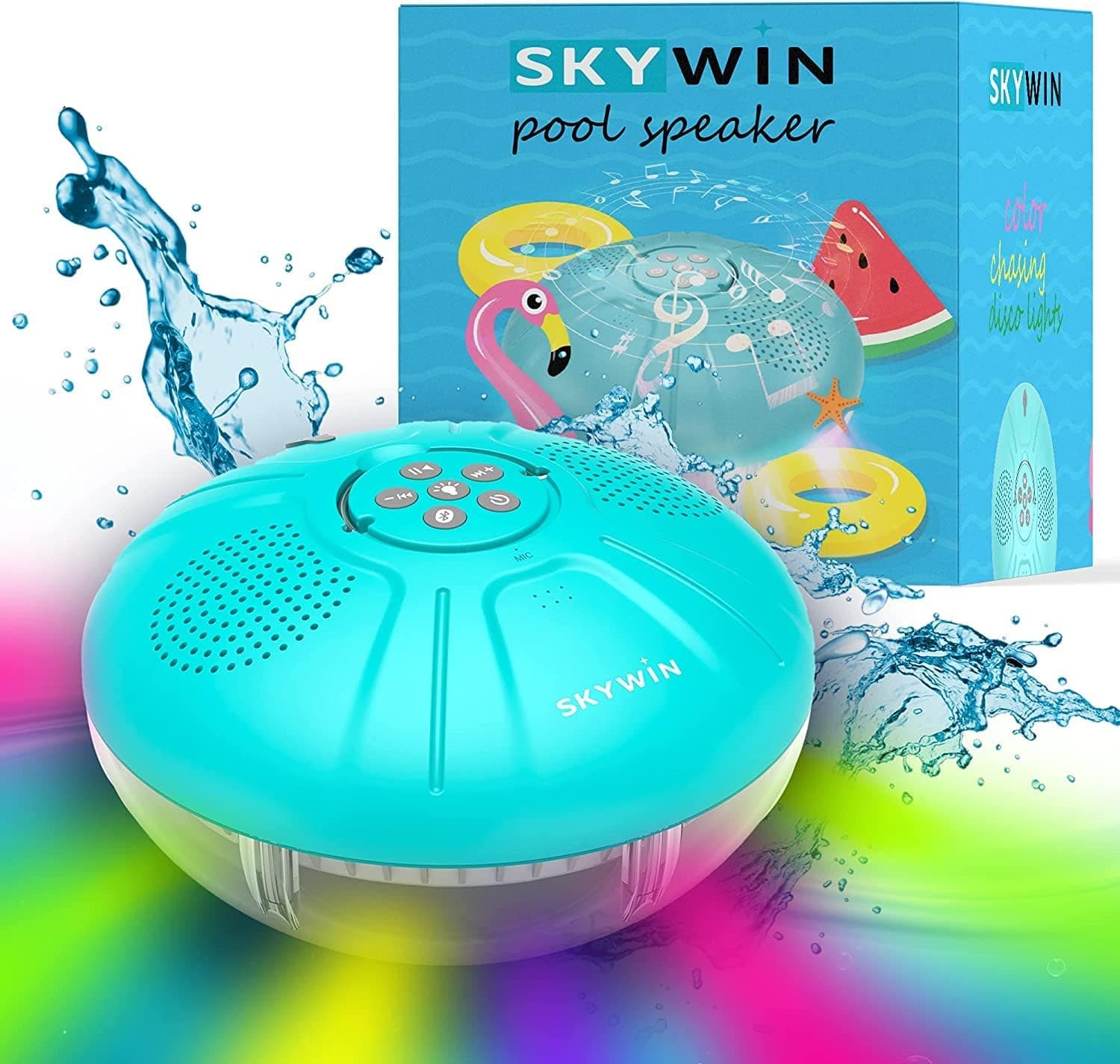 Skywin Floating Pool Speaker with Lights, Wireless Waterproof Bluetooth Speaker - Dual 5W Sound, Touch Controls, Rechargeable Shower Speaker, Inflatable Hot Tub Accessories for Pool Parties