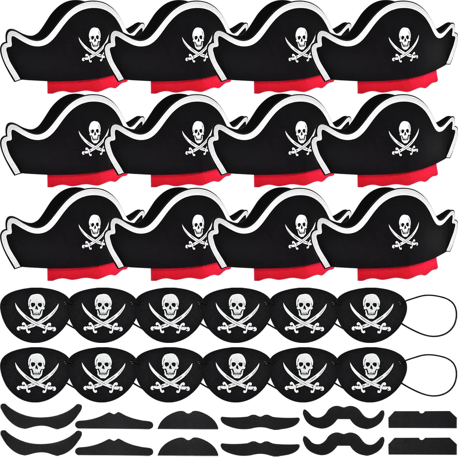 Halatool 36 Pcs Felt Pirate Hat Set 12 Pcs Pirate Hats 12 Pcs Fake Mustaches 12 Pcs Pirate Eye Patches for Kids Pirate Eye Mask Costume Accessories Pirate Party Favors for Halloween Masquerade Cosplay