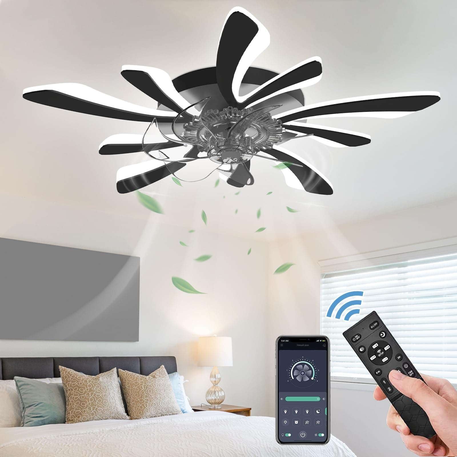 Dimmable Ceiling Fan with Light and Remote Control, 31" Small Flush Mounted Ceiling Fan with Led Lights, APP and Remote Controlled, Modern, Black, Upgraded