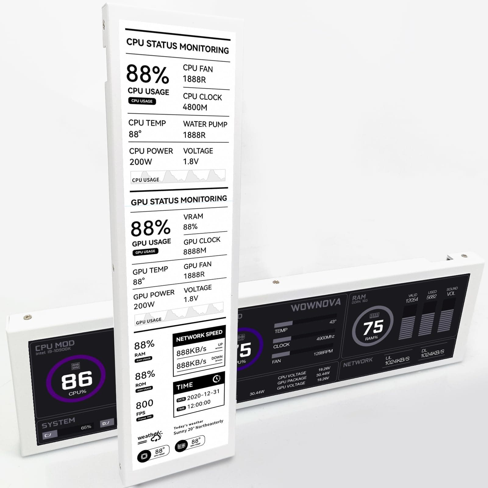 8.8" Computer Temp Monitor (Dynamic Theme Supported), 1 Click 1 Cable to Get Started Quickly PC Temperature Display Sensor Panel IPS Mini Secondary Screen CPU RAM HDD Data FPS Monitor (White)