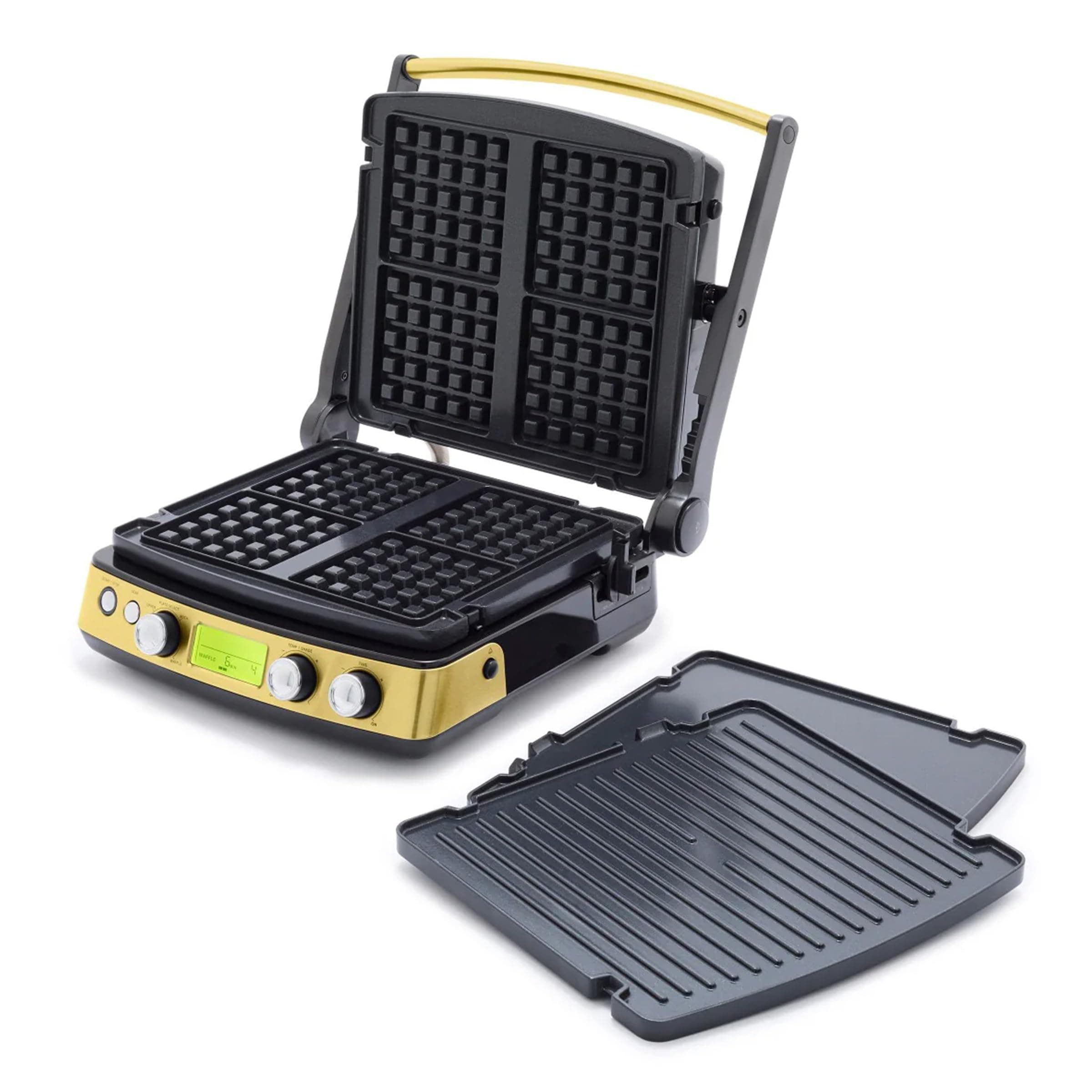 GreenPan Elite 7-in-1 Multi-Function Contact Grill & Griddle, Healthy Ceramic Nonstick Aluminum, Grill & Waffle Plates, Adjustable Shade & Shear, Closed Press/Open Flat Surface, PFAS-Free, Gold