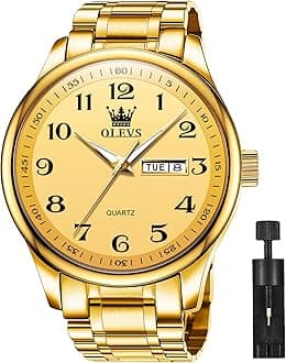 OLEVS Watches for Men Brown Leather Gold Case Analog Quartz Fashion Business Dress Watch Day Date Luminous Waterproof Casual Male Wrist Watches
