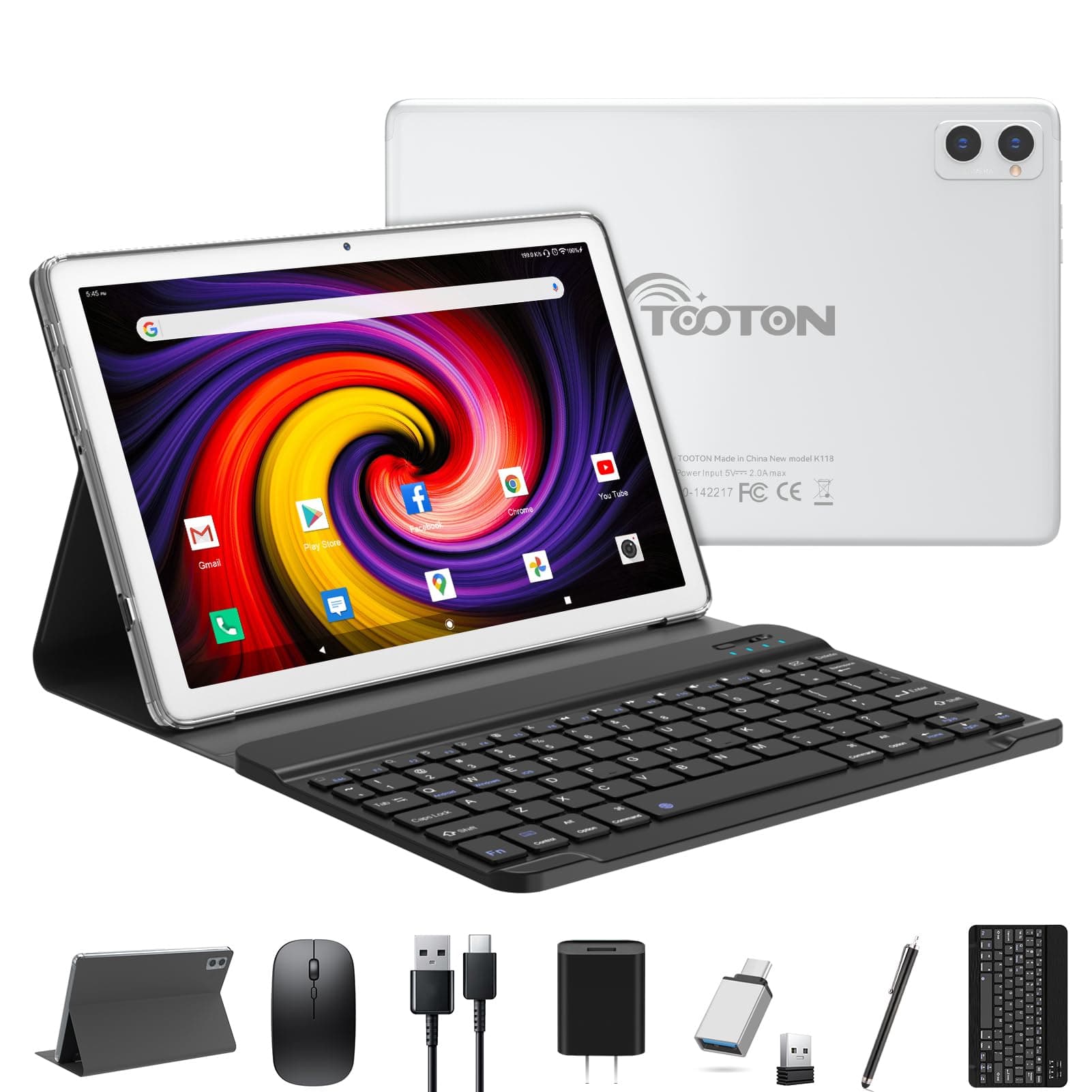2 in 1 Tablet with Keyboard, 2025 Latest Tablets Android 4+4+128GB ROM, 10 Inch Tablet with Octa-Core Chip Support 5+2.4Ghz WiFi, 7000mAh Battery, Bluetooth 5.0, GPS, HD Touch Screen-Silver