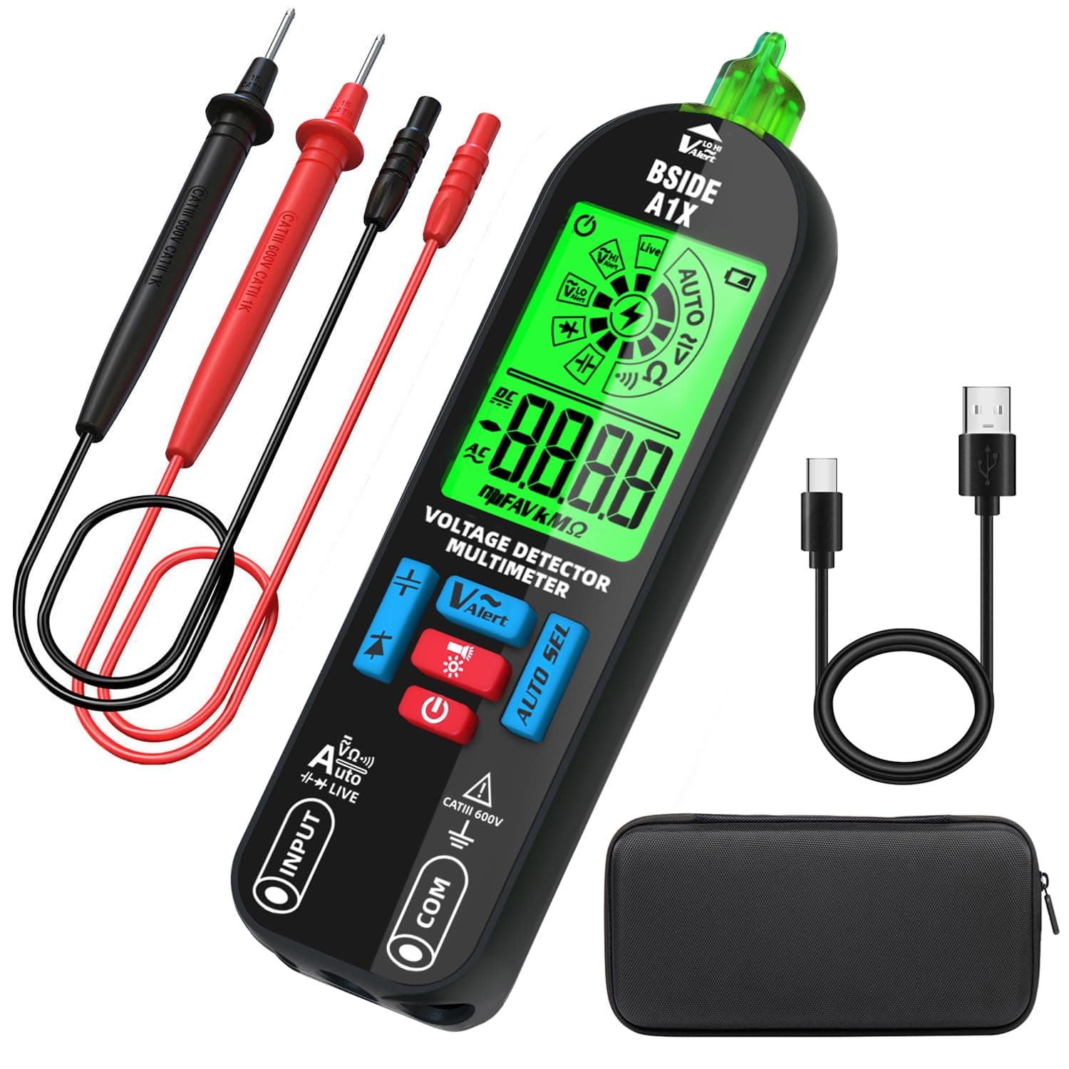 BSIDE A1X Smart Digital Multimeter Mini Non-Contact Voltage Detector Rechargeable with Adjustable Sensitivity ID Pointer Auto Range Voltage Continuity Ohm Frequency Tester Capacitance Diode Meter