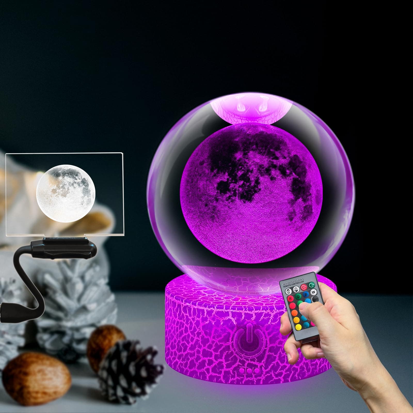 Atmosphere Crystal Ball Moon Planet Sphere Night Light with ABS Base Luminous 16 Colours with Remote Control Desk Lamp Bed Sculpture Decorative Creative Gift for Children