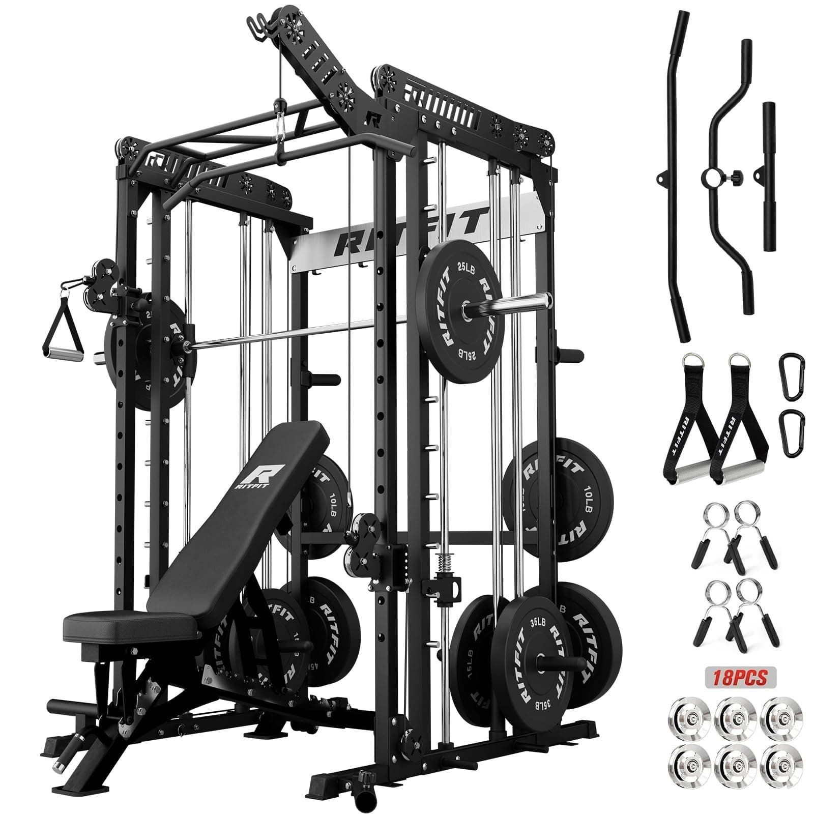 M1 Pro Smith Machine with Cable Crossover System, Multi-Function Squat Rack Power Cage for Home Gym, Power Rack and Packages