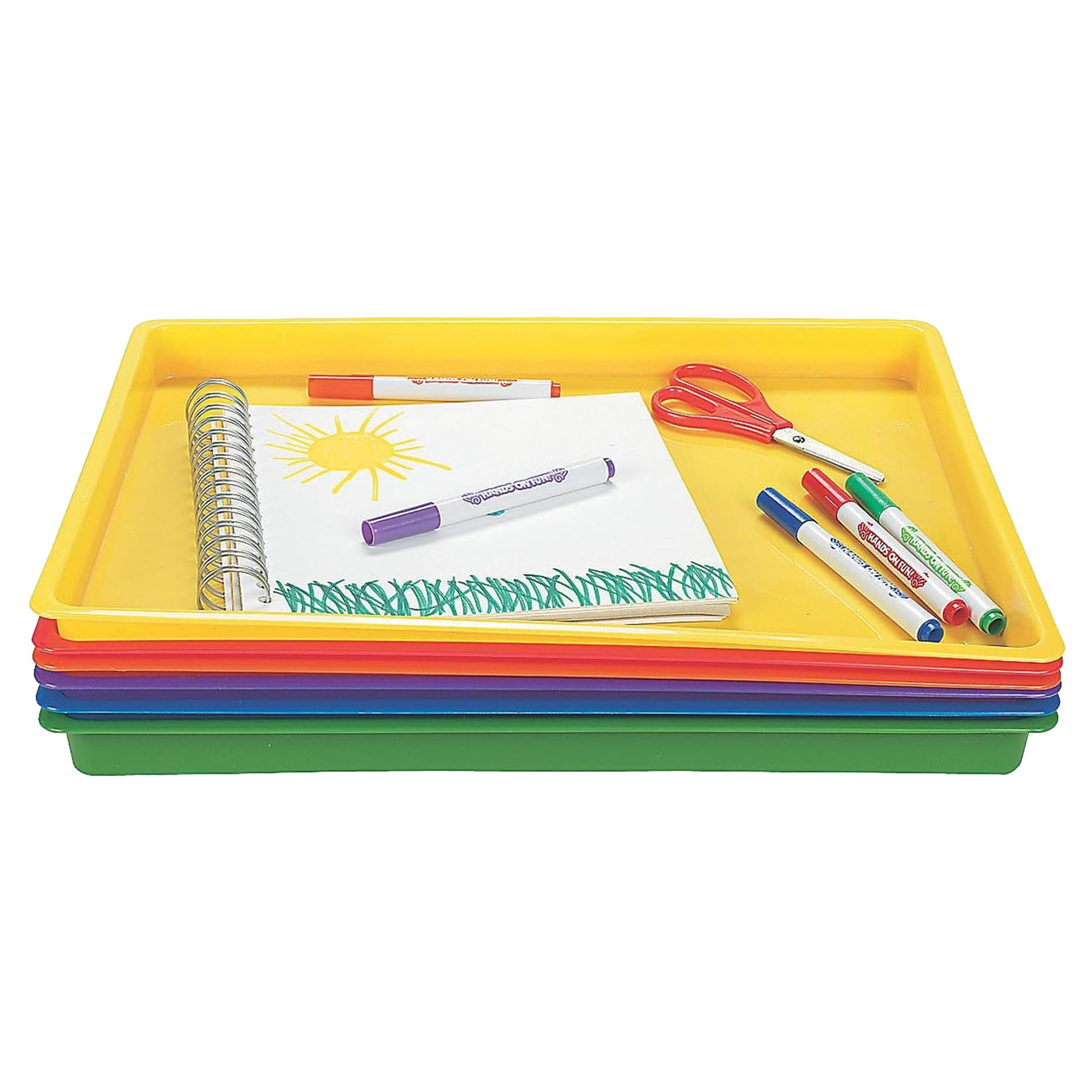 Fun Express Flat Plastic Trays - Plastic Trays for Arts and Play - Long Lasting Educational Trays for Active Kids - Perfect for School - Red, Yellow, Orange, Green, Blue, Purple (Set of 6)