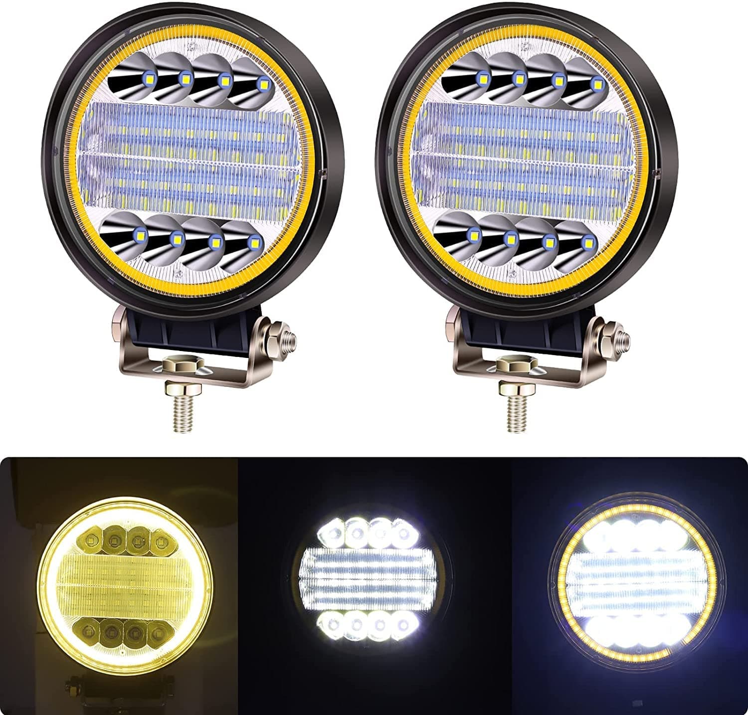 2Pcs 4.5'' LED Work Light Pods, Round Spot Flood Combo Work Light Bars Off Road Fog Driving Lights DRL with Yellow Halo for 4x4, SUV, ATV, Tractor.