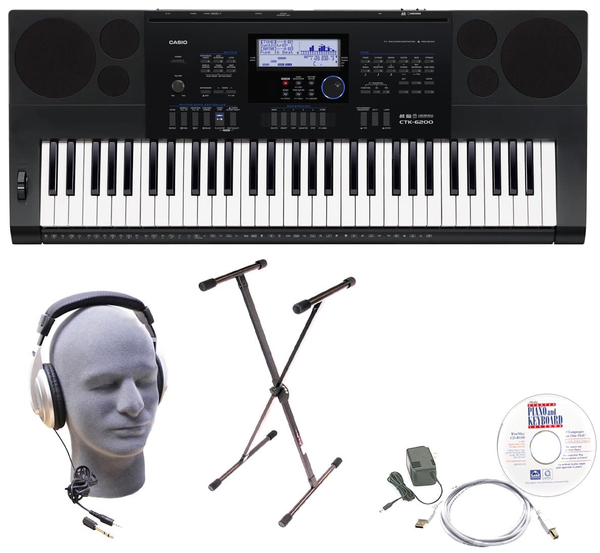 Casio CTK-6200 Educational Pack 61-Key Premium Keyboard Package with Headphones, Stand, Power Supply, 6-Foot USB Cable and eMedia Instructional Software