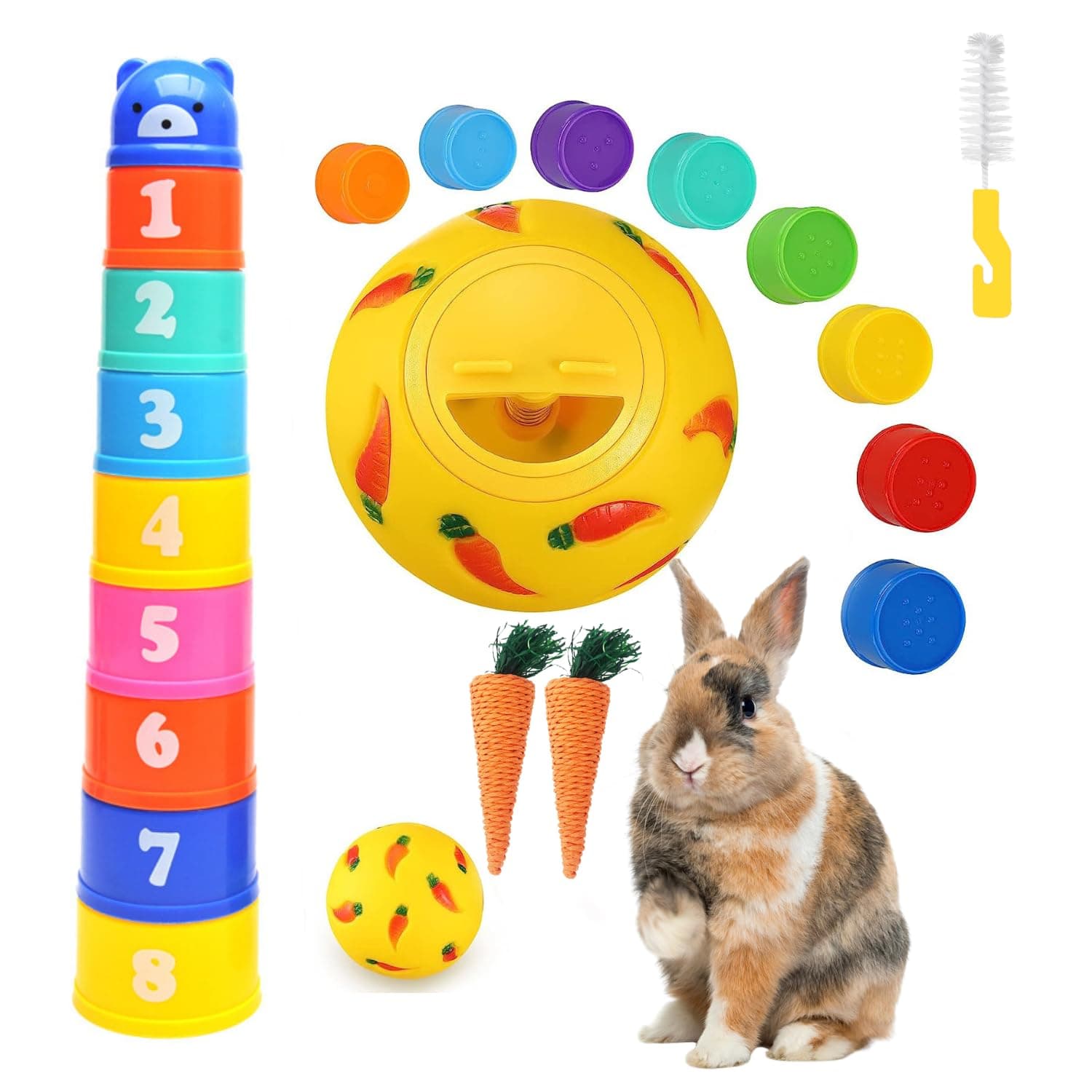 JMY-UAE 13 Pack Stack Up Bunny Cups and Treat Ball Toy for Bunny Snack Cups Rabbit Food Dispenser Rainbow Colors Rabbit Toys with 2 Chew Toys and Cleaning Tool for Small Pets