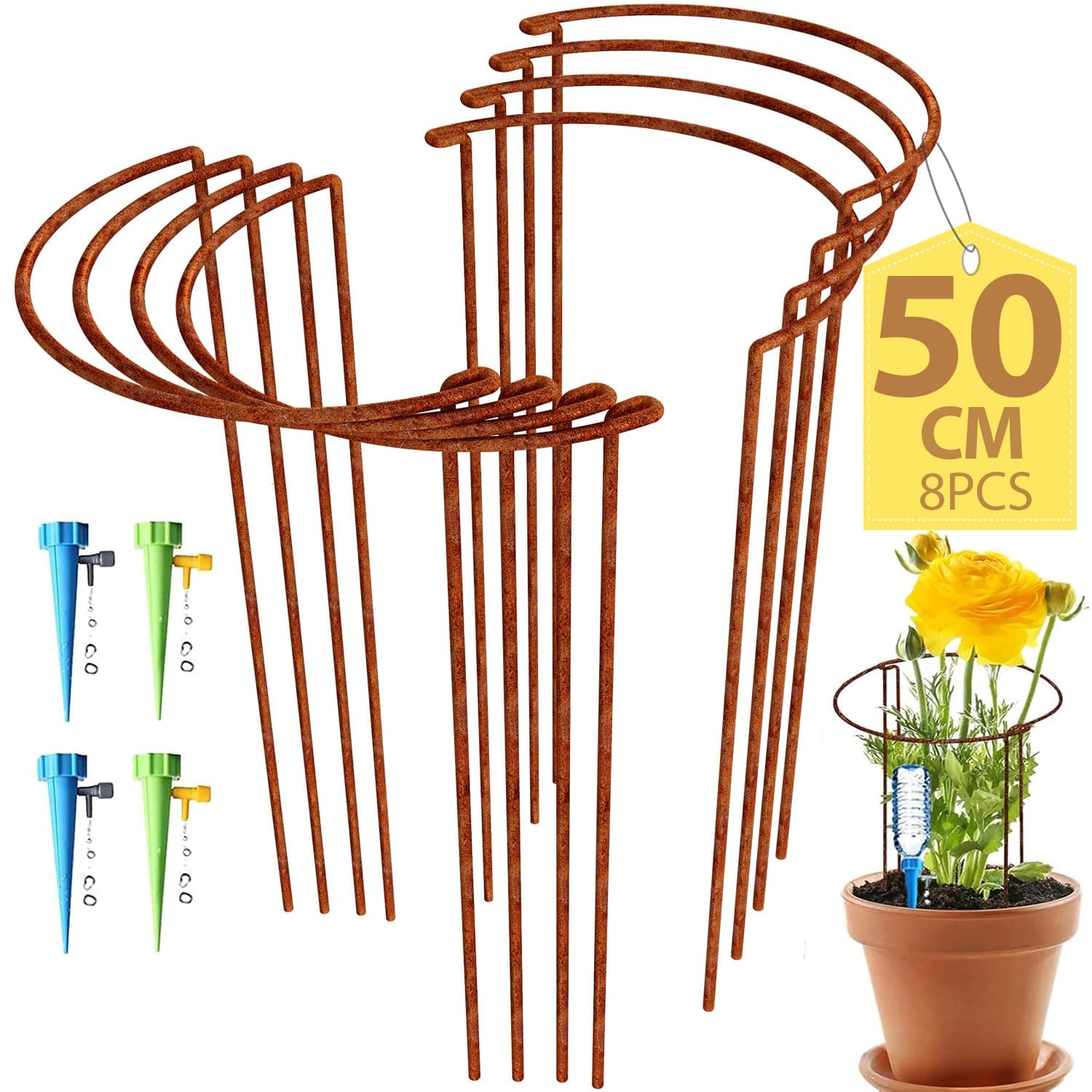 – Large 50cm Rusty Bow Plant Support Stakes, Half Round Natural Rust Flower Support Ring Cage Frame with 4 Self Watering Spikes, Rusted Metal Interlinking Garden Border for Peonies, Hydrangea(8,50x27cm)