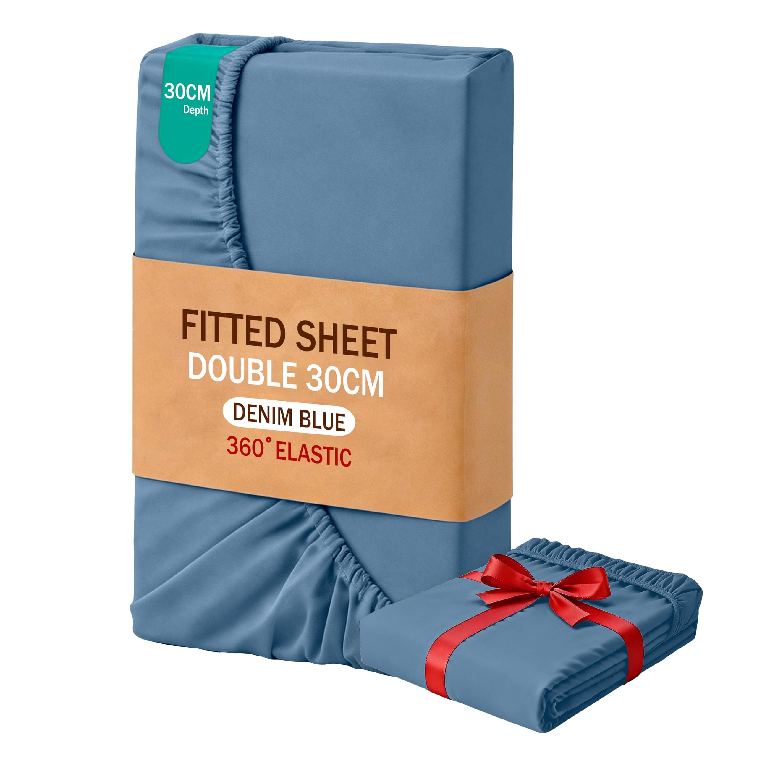 MOHAP Double Size Fitted Sheet Denim Blue with Extra Deep 30 cm Pocket Bed Sheet Only Bedsheet Brushed Microfiber Bottom Sheet for Double Bed 135x190 Denim Blue