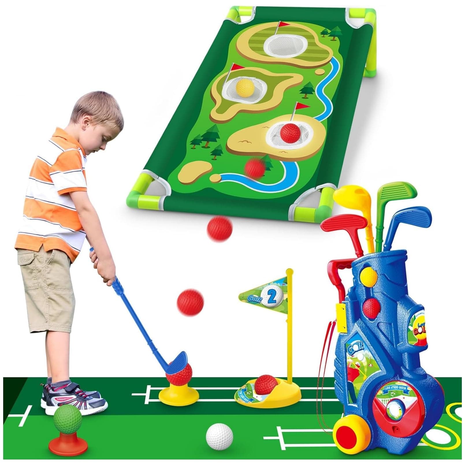 Golf Club Set for Kids, Indoor Outdoor Sports Toys for Boys Girls Ages 2 3 4 5 6 Year Old, Kids Birthday, Toddler Golf Set with Golf Board, Putting Mat, Balls, Golf Clubs, Golf Cart (Blue)