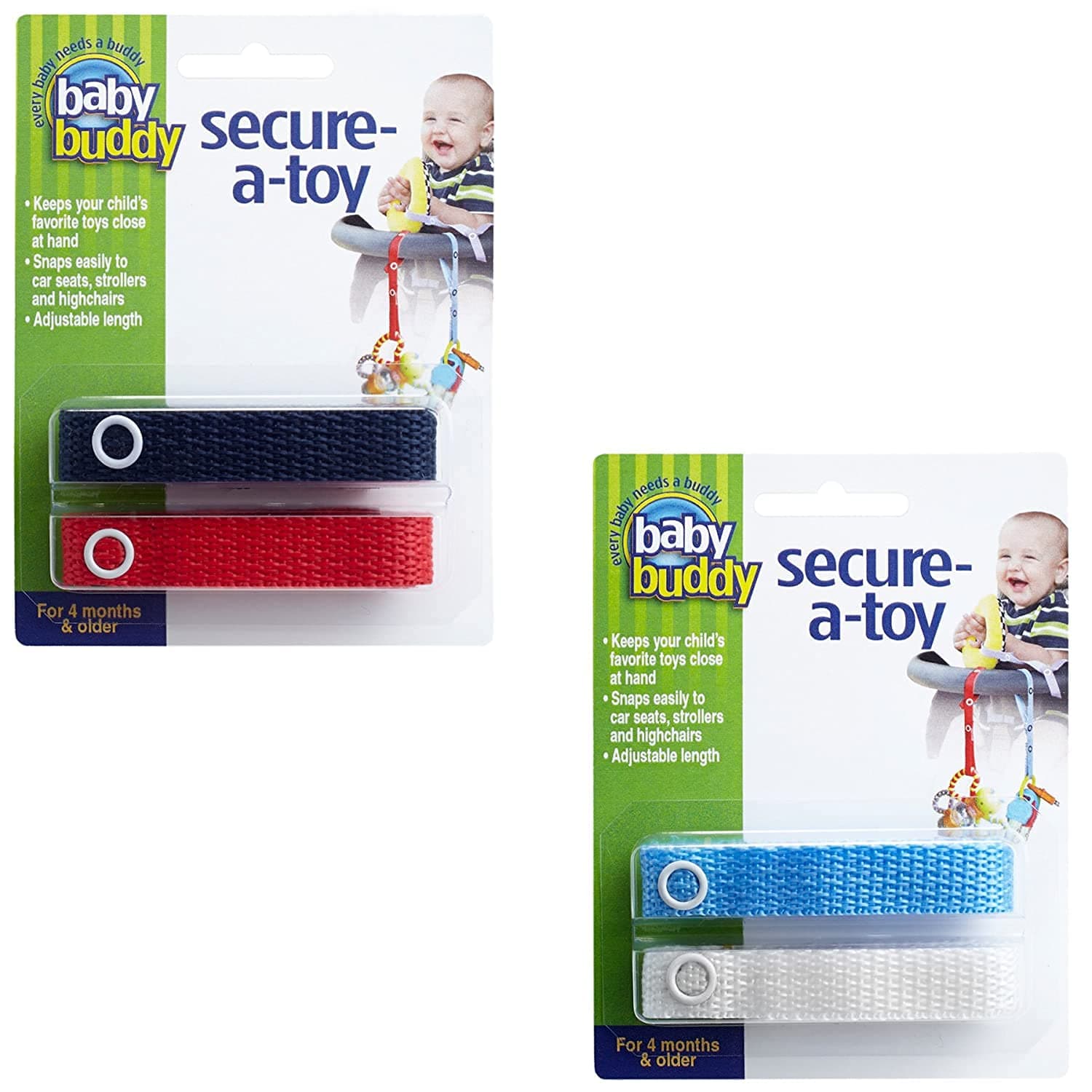 Baby Buddy Secure-A-Toy, Safety Strap Secures Toys, Teether, Pacifiers to Strollers, Highchairs, Car Seats, Adjustable Length Keep Toys Sanitary, Registry Must Haves, Blue-White-Navy-Red, 4 Count