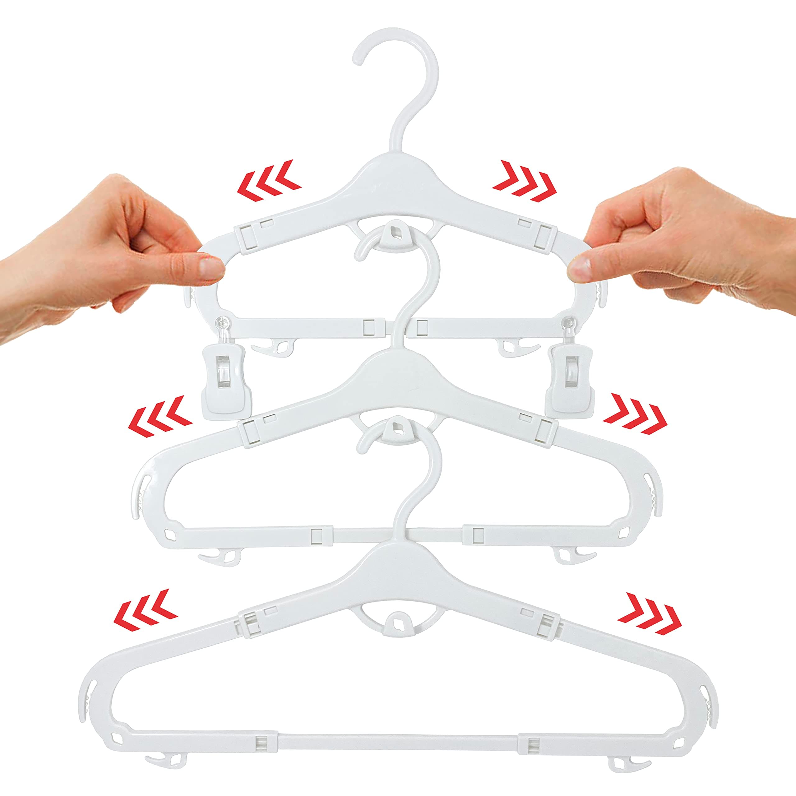 Space Saving extendable Baby Hangers with Clips (10-16.4"). Only Expandable Kids Hangers with Full Adult Size Trouser bar and Clips. 18 Stylish Childrens Hangers. 6 Have Clips.