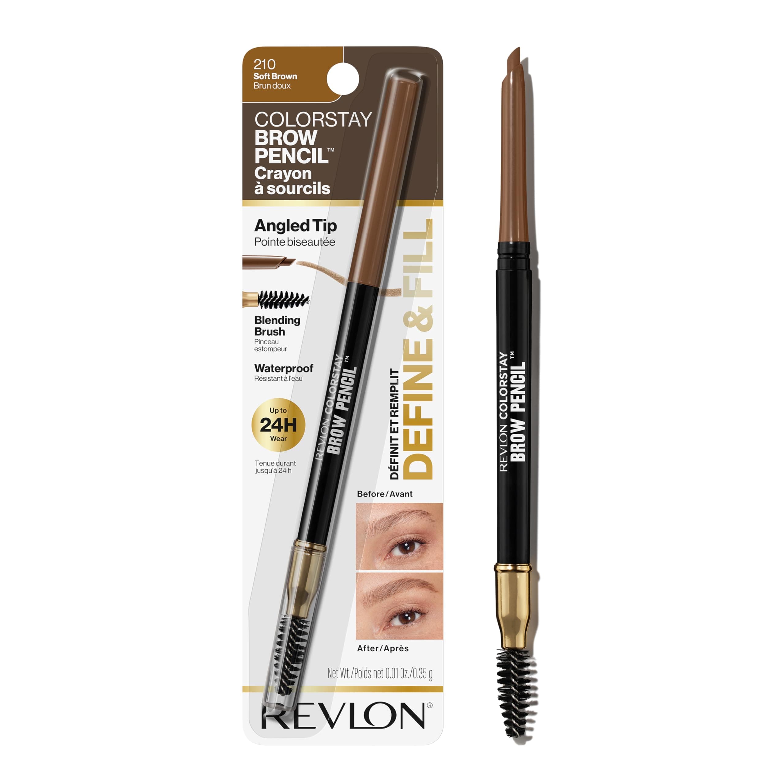 ColorStay Eyebrow Pencil with Spoolie Brush, Waterproof, Hair-Like Strokes for Natural Looking Brows, 210 Soft Brown, 0.021 oz