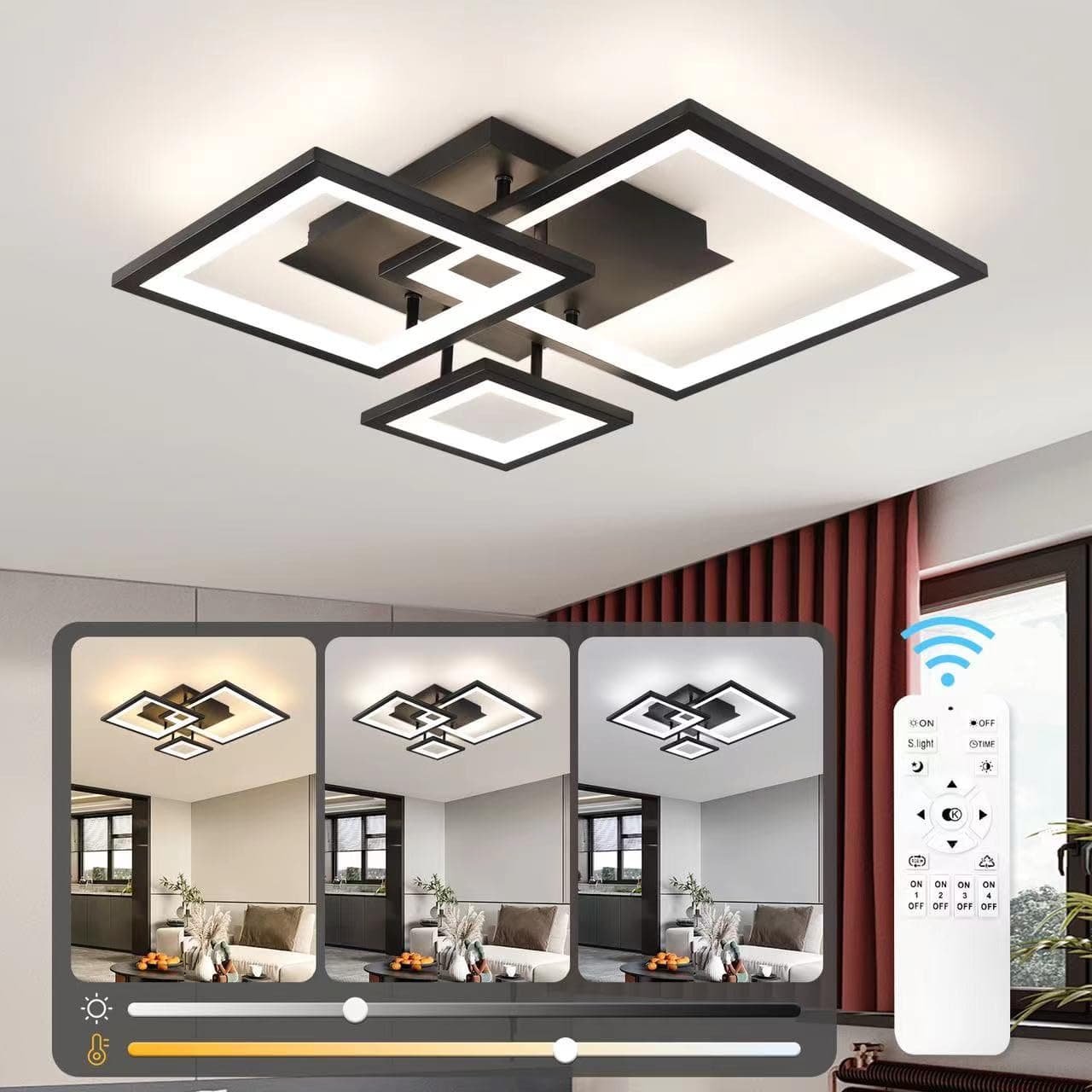 Modern Black Led Ceiling Light 3-Square Design 3000K-6500K Dimmable LED Ceiling Light with Remote 33W Acrylic Ceiling Lighting Fixture for Bedroom Kitchen Dining Room Office Lamps