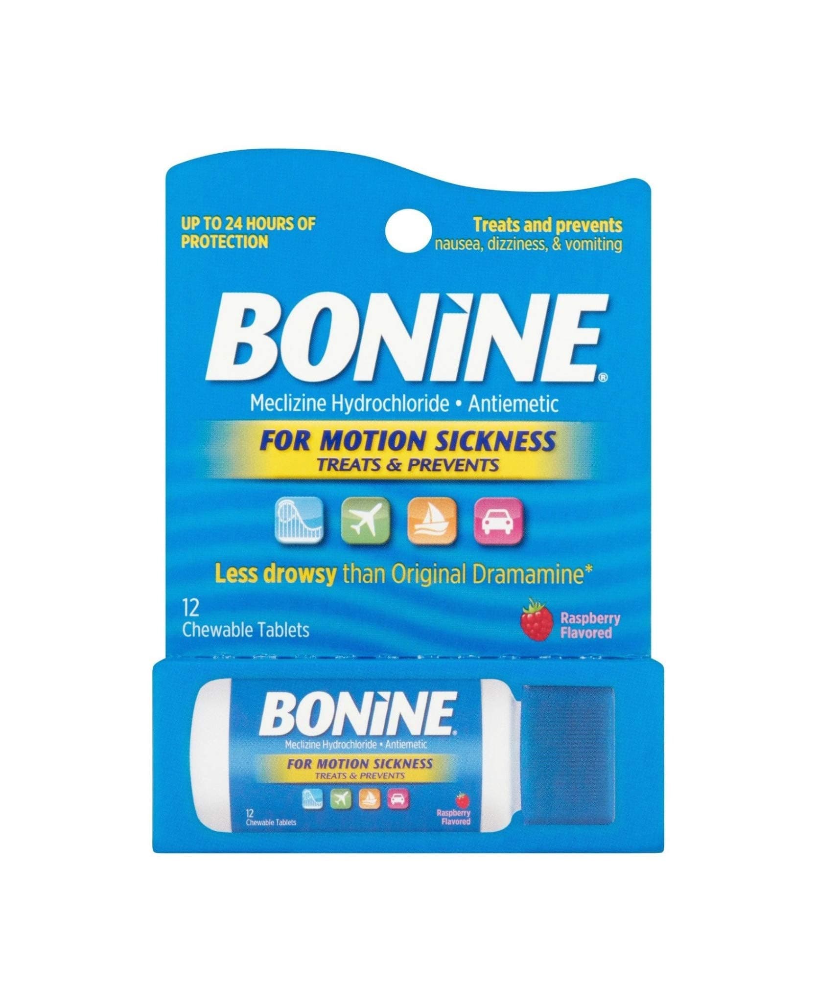 Bonine Motion Sickness Raspberry Travel Pack, Blue, 12 Count