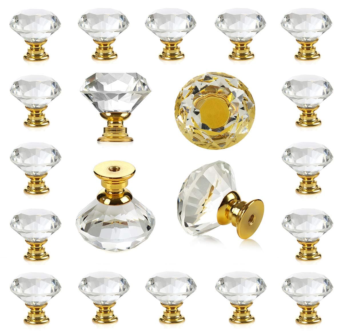 DEELF 26 Packs Kitchen Cabinet Knobs, 30 mm Crystal Cabinet Knobs Diamond Dresser Handle Drawer Pulls, Dresser Knobs for Cabinets and Drawers, Gold Base