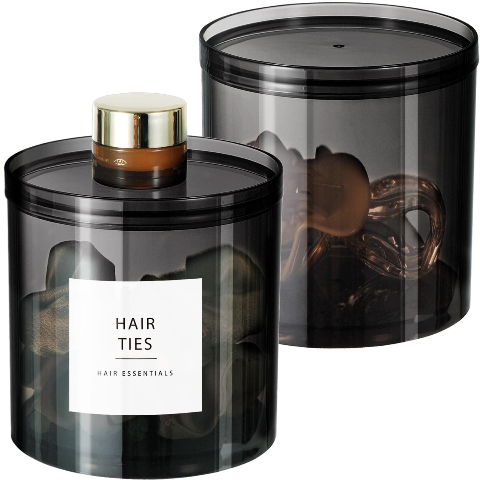 SheeChung 2-Pack Large 20oz Black Stackable Qtip Holder - Translucent Apothecary Jars with Storage Lids - Modern Bathroom Countertop Organizer for Cotton Balls, Pads, & Salts