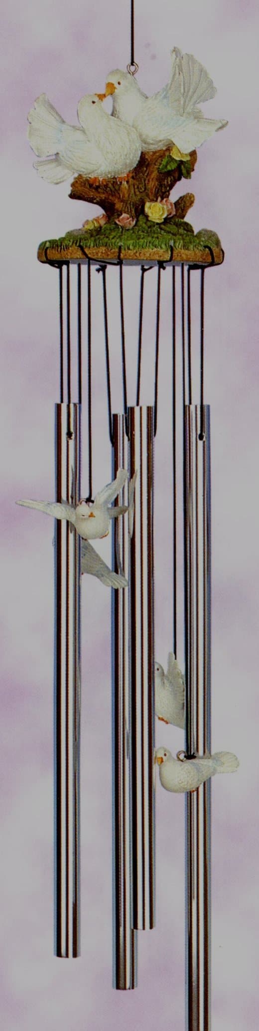 Wind Chime Dove Couple in Springtime Setting 3D Round Top, Resin 4 Wind Chime Outdoor Decor 24 inches
