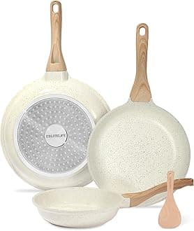 ESLITE LIFE Nonstick Ceramic Frying Pans Skillets Set, Non-Toxic Egg Omelette Kitchen Cooking Pans Compatible with All Stovetops (Gas, Electric & Induction), PTFE & PFOA Free (White)