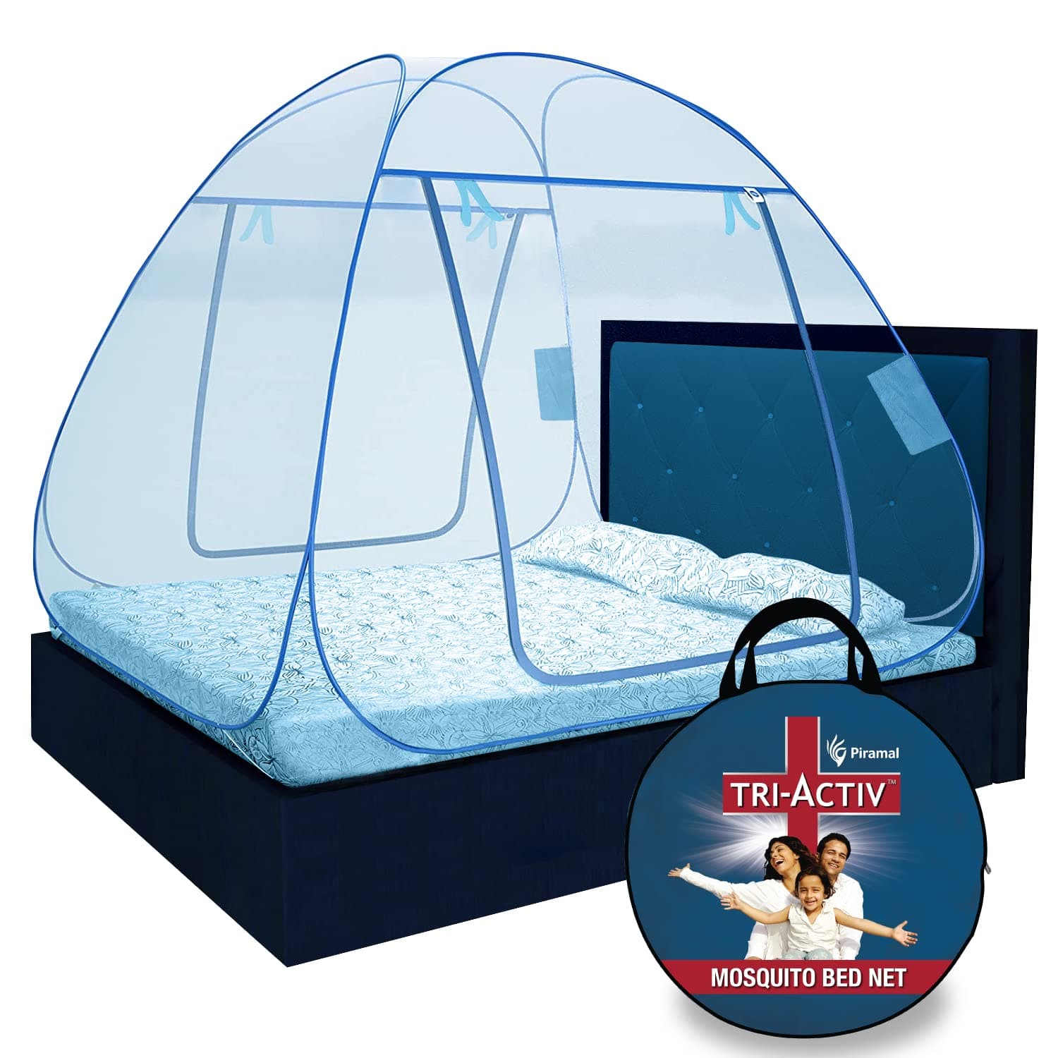 Tri-Activ Mosquito Net for Double Bed I King-Size Premium Machardani by Piramal I 30 GSM I Strong and Durable I Pop-up Format I Foldable I Corrosion Resistant, Blue