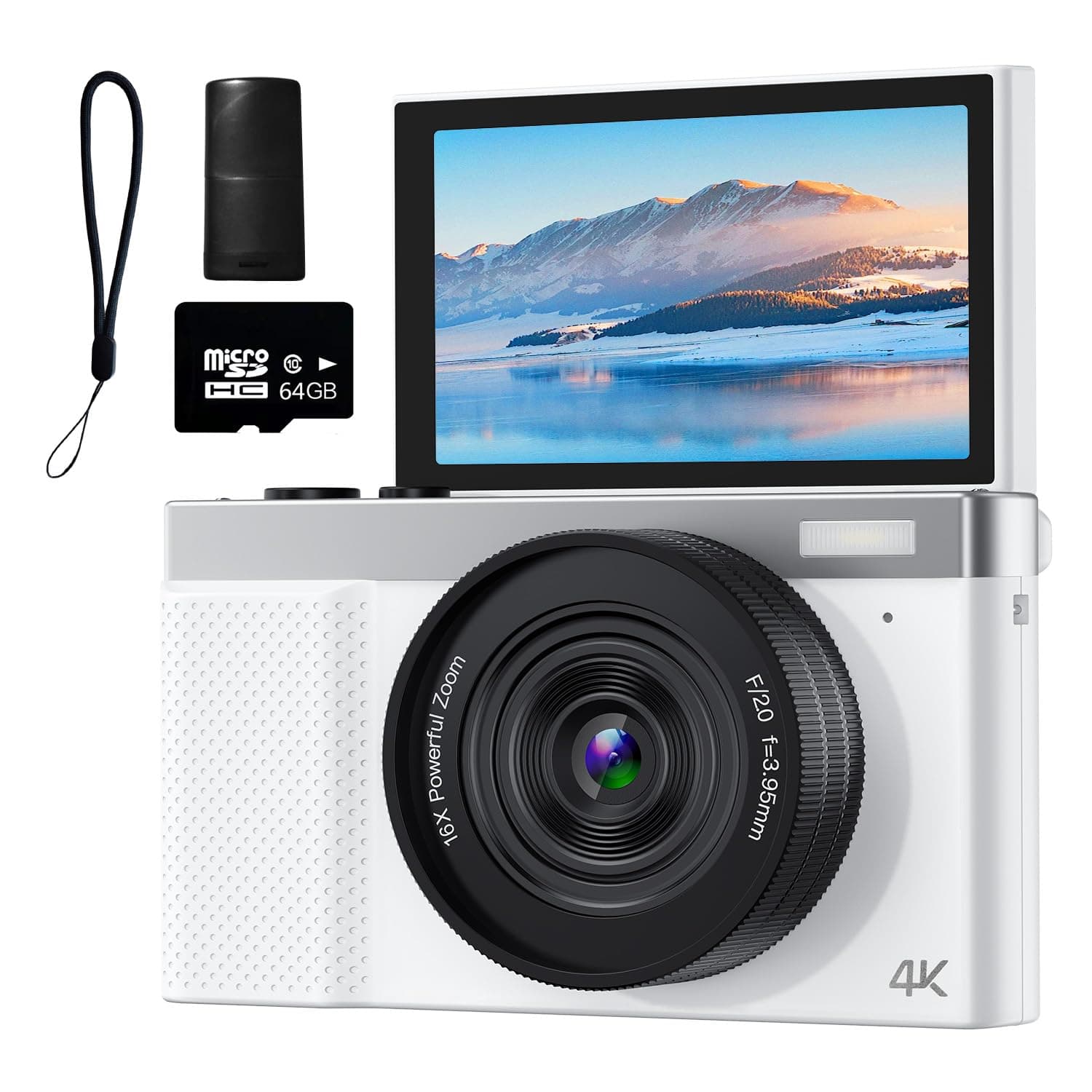 4K Digital Camera, 64MP Vlogging Camera for Photography with 3" 180° Flip Screen, 16X Compact Digital Camera with 64GB Micro SD Card for Beginner (White)