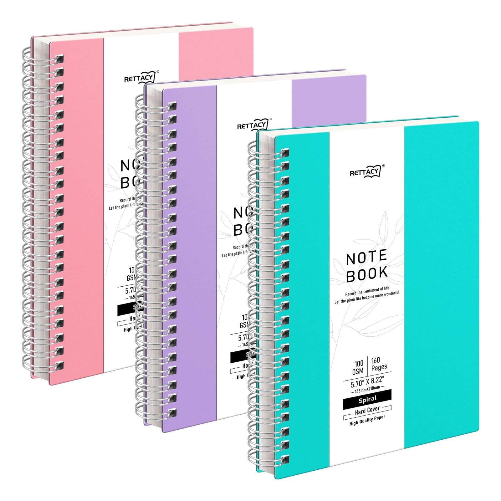 RETTACY A5 Spiral Notebook 3 Pack, Wirebound Colorful Notebooks 80sheets/160 Pages for Writing,100gsm College-Ruled Paper, Flexible Plastic Cover, for Women Men Work Office School,14.5 x 21cm