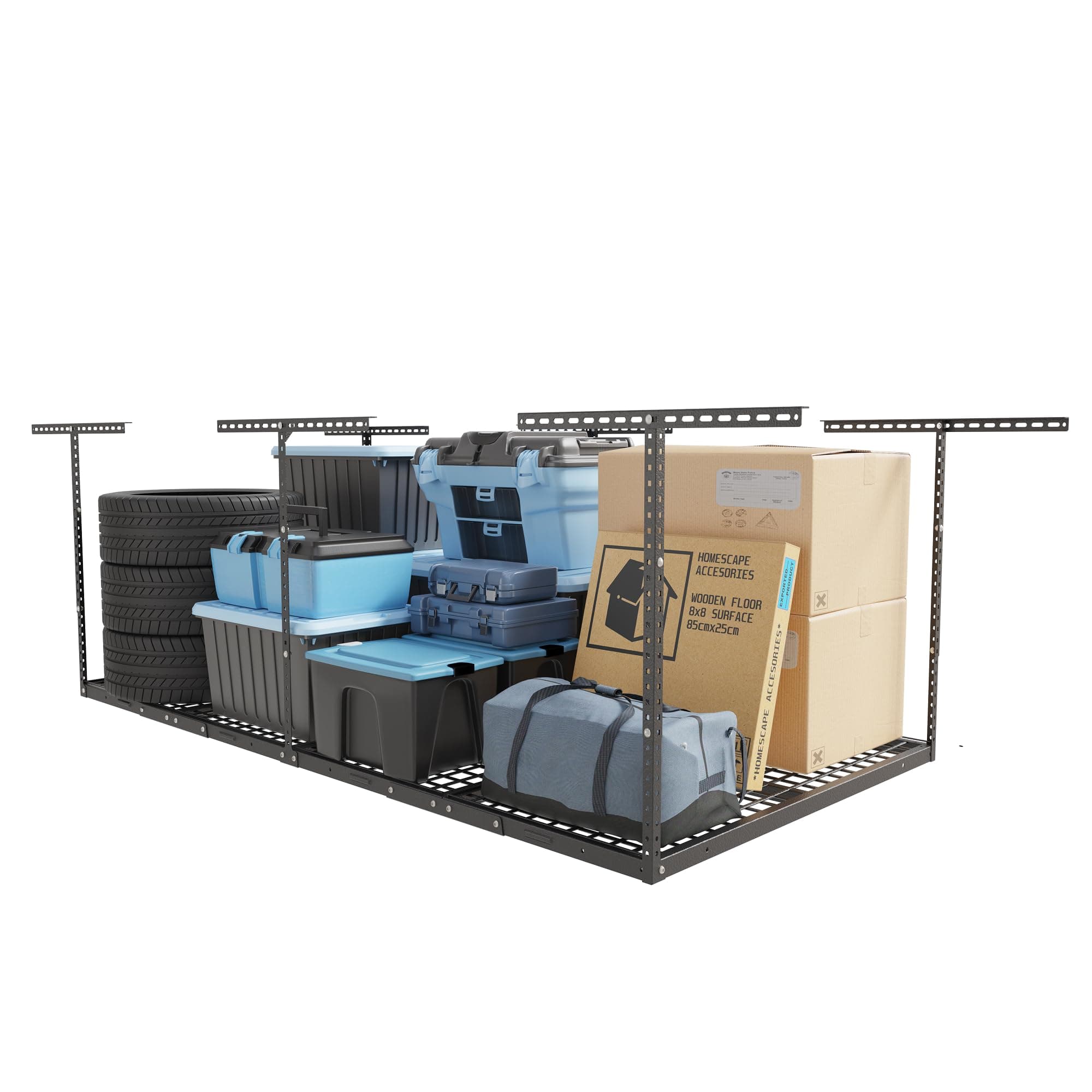 FLEXIMOUNTS 4x8 Overhead Garage Storage Rack, Adjustable Organization System, Heavy-Duty Metal Ceiling Racks, 750lbs Weight Capacity, Hammertone, Classic Series