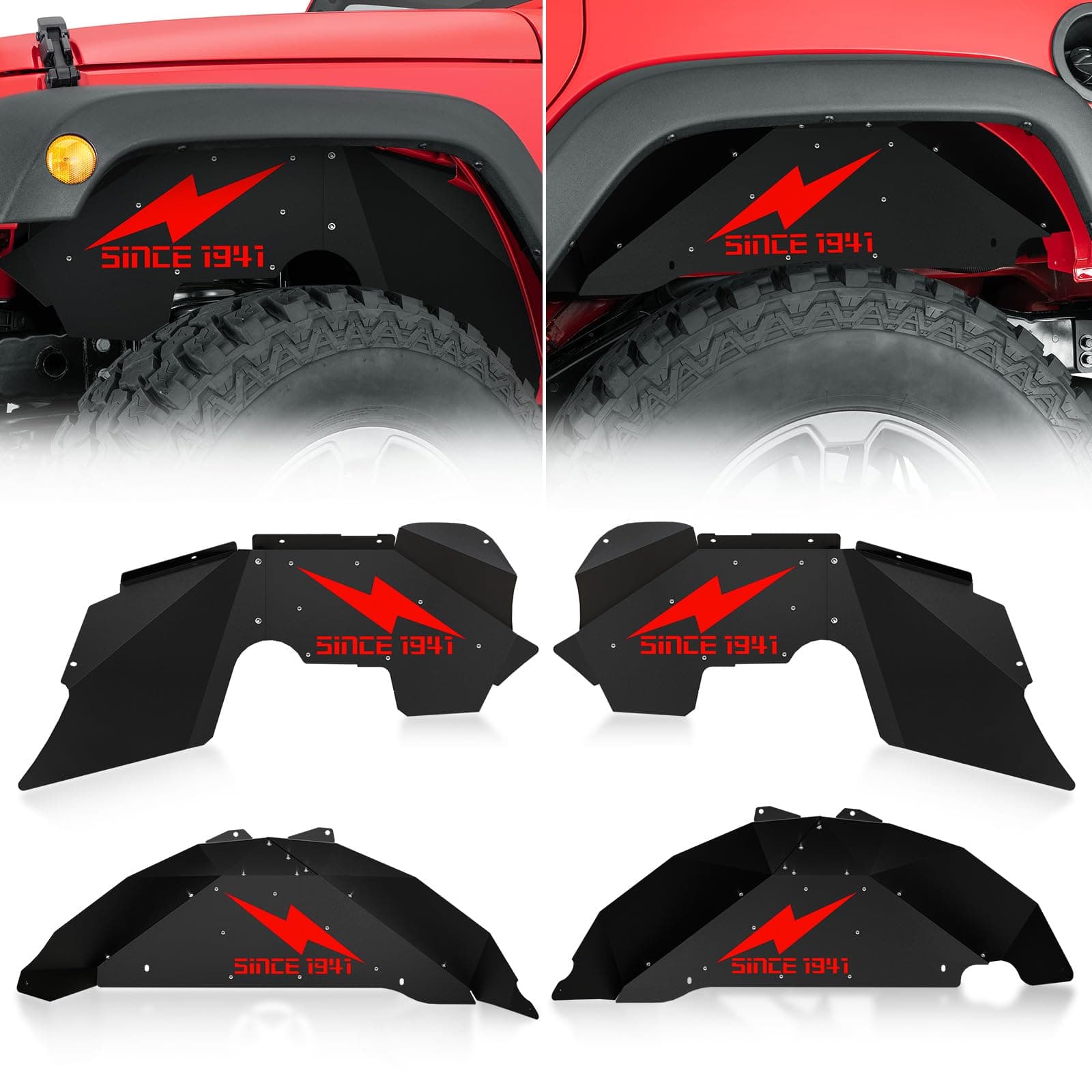 Lightning Logo Front & Rear Inner Fender Liners Compatible with 2007-2018 Jeep Wrangler JK & JKU Unlimited Sport Sahara Rubicon, Steel Mud Guards Wheel Well Cover Fenders Flares (2/4 Doors)
