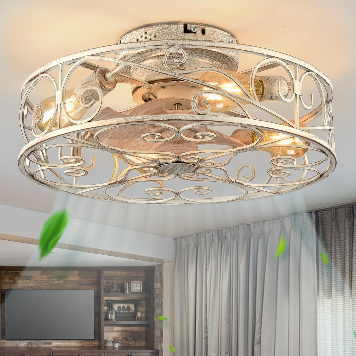 20" Caged Ceiling Fans with Lights and Remote, Bladeless Ceiling Fan 6 Speed Reversible with 4 Bulbs and Remote Control,Flush Mount Caged Ceiling Fan for Bedroom, Living Room, (Include Bulbs)