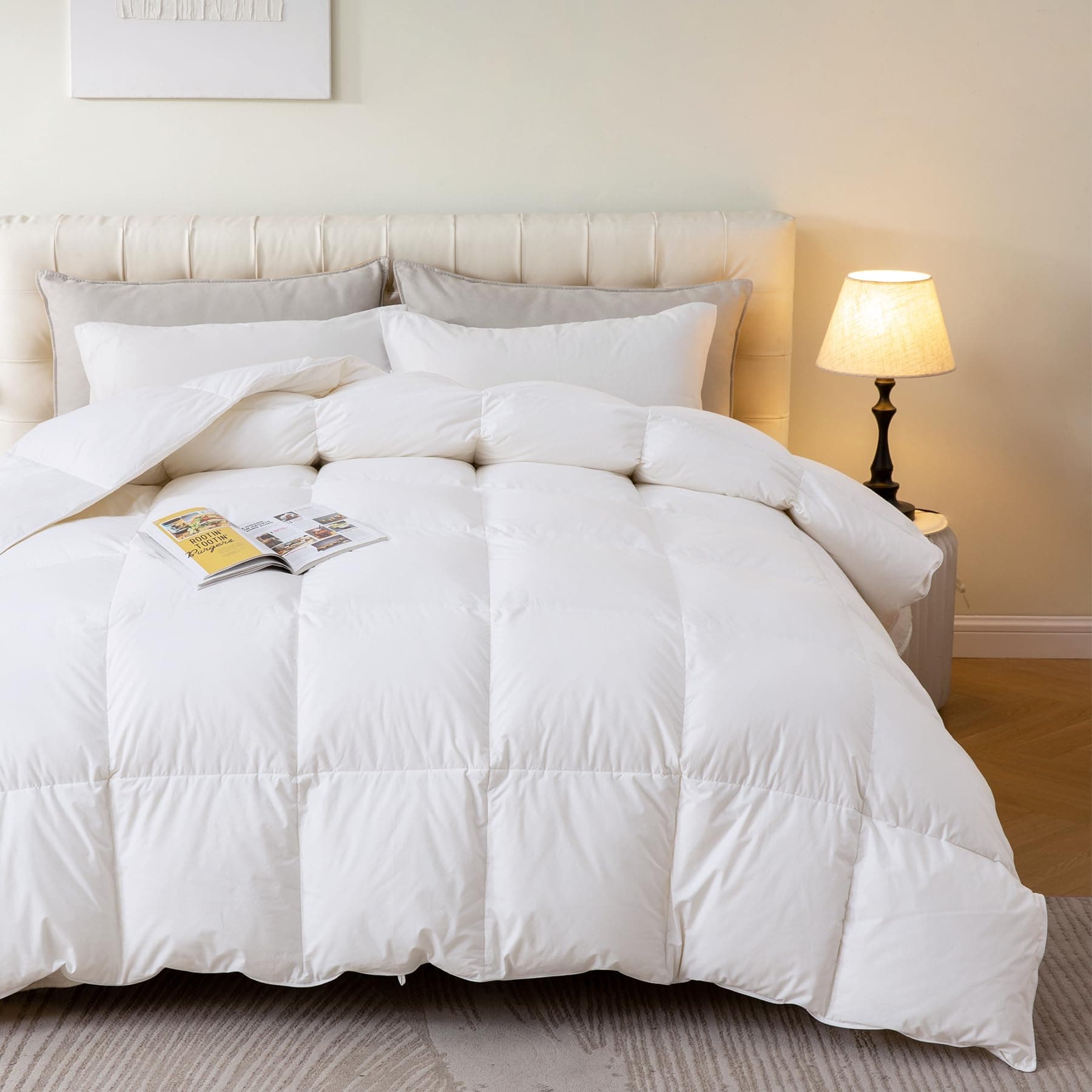 Luxury King Size Feather Down Comforter, High Fill Power Fluffy Duvet Insert, 100% Cotton Cover Skin-Friendly, Medium Weight for All Season Bedding with Corner Tabs, (106 x 90 White)