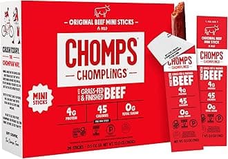 Chomps Snack Size Grass-Fed Original Beef Jerky Snack Sticks 0.5oz 24-Pack - Keto, Paleo, Whole30, 4g Lean Meat Protein, Gluten-Free, Zero Sugar Food, Non-GMO Chomplings