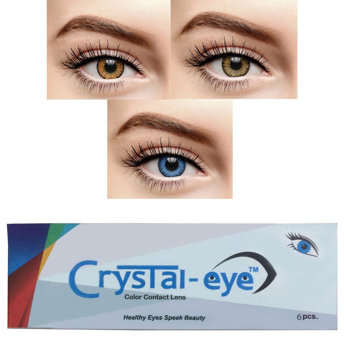 Crystal Eye Zero Power Monthly Contact Lens with Multi Plus Solution and Lens Storage Box (Honey, Dark Blue, Hazel) - 3 Pairs
