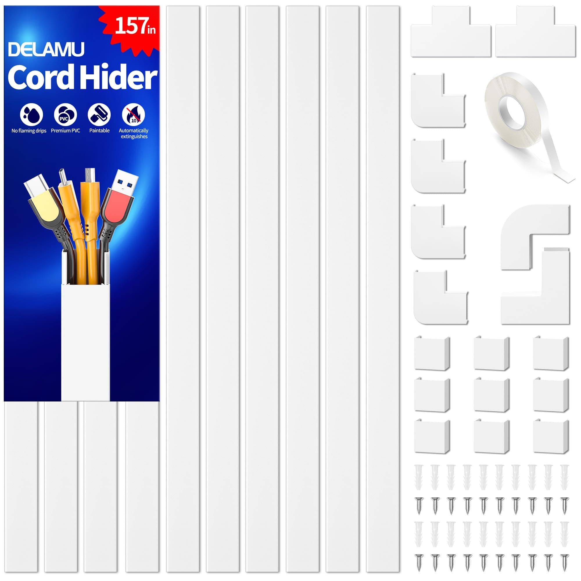 Electric Cable Trunking, 4M Cable Cover Wire Hiders for Wall, Self Adhesive Wire Trunking, Cable Management to Hide 3-4 Power Cords in Home Office, 10X L400mm, W30mm, H17mm, White