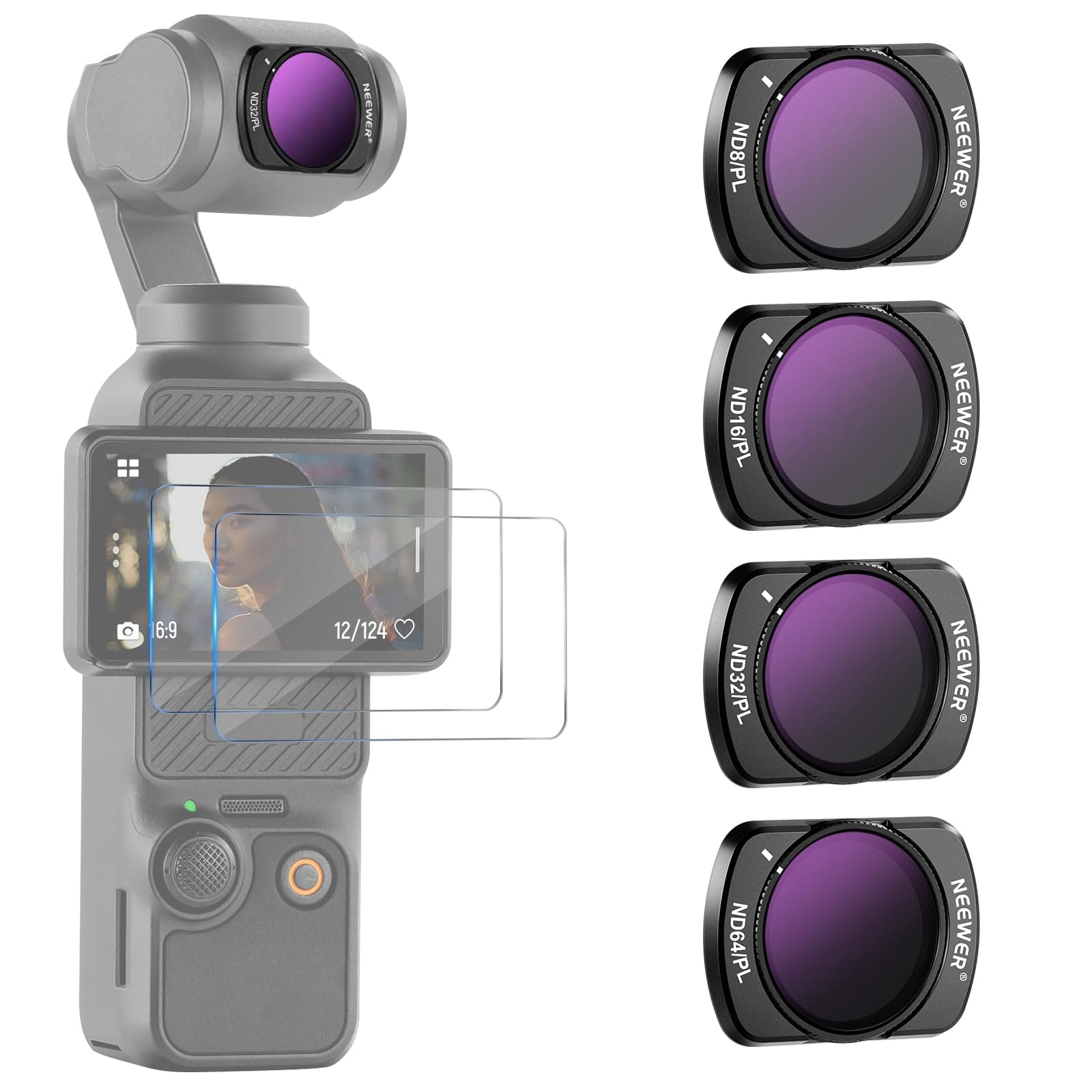 Magnetic ND/PL Filter Set Compatible with DJI Osmo Pocket 4 & Pocket 3 Creator Combo Accessories, Action Camera 4 Pack ND8/PL ND16/PL ND32/PL ND64/PL Filters Kit with 2 LCD Protectors