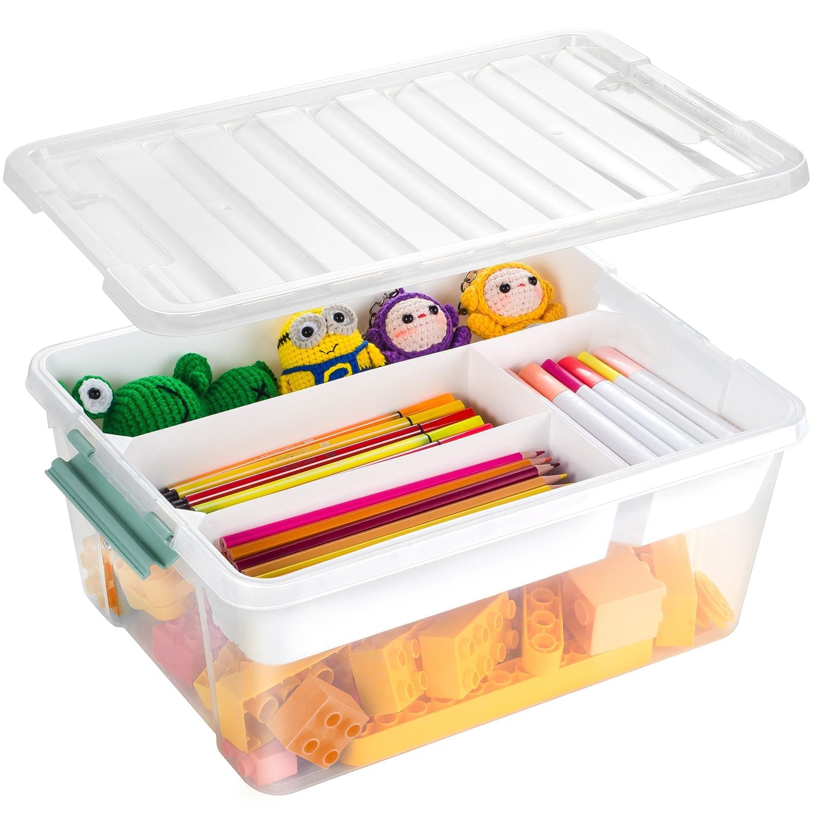 TERRIFI Plastic Storage Box with Removable Tray Caddy, Clear Art Supply and Craft Organizer Bin with Lid, Playroom Container for Lego, Beads, Crayons, Tools, Sewing, Playdoh, and Toys