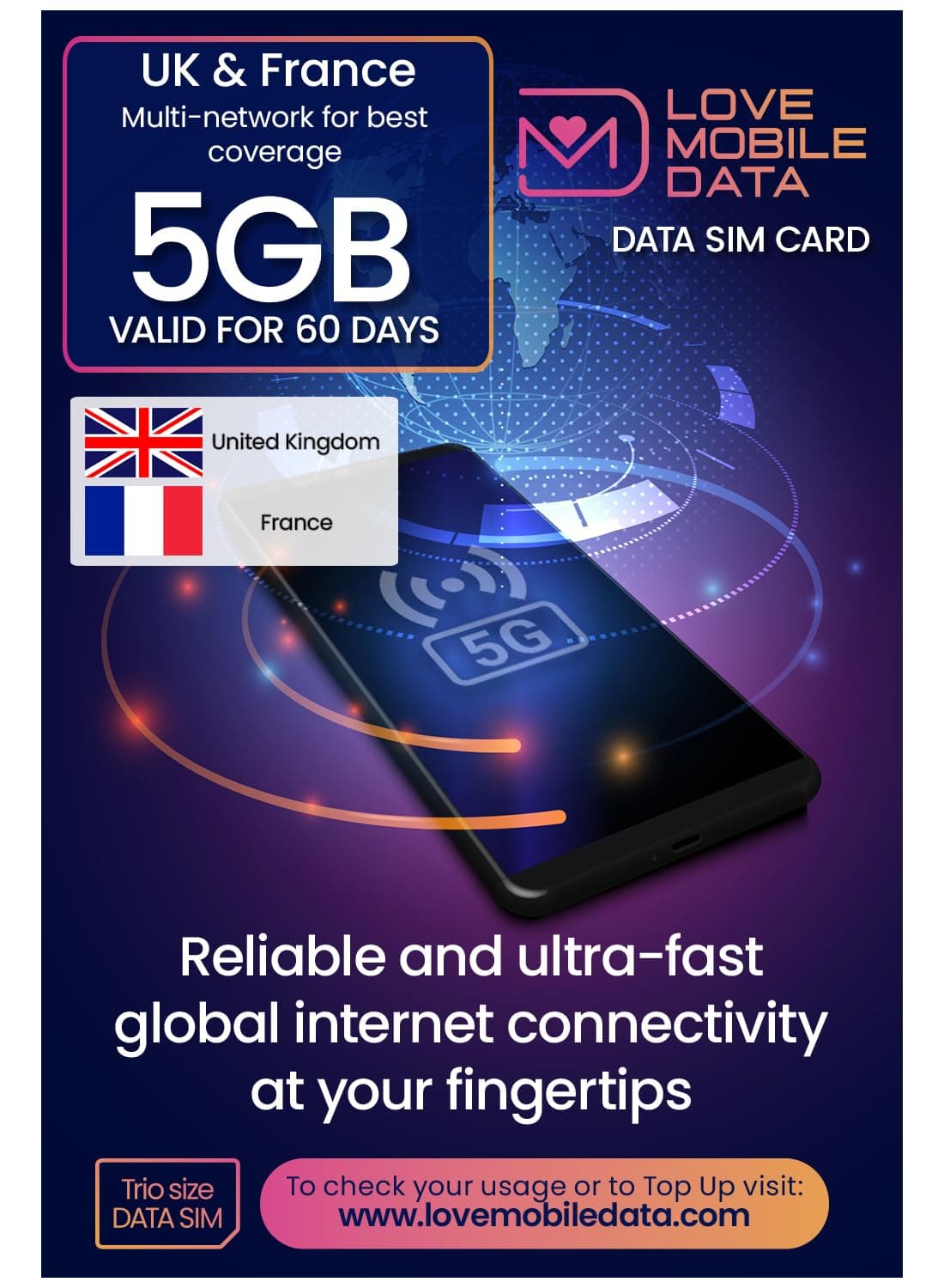 MOBILE DATA International Multi-Network Data SIM - UK & France 5GB - 60 DAYS