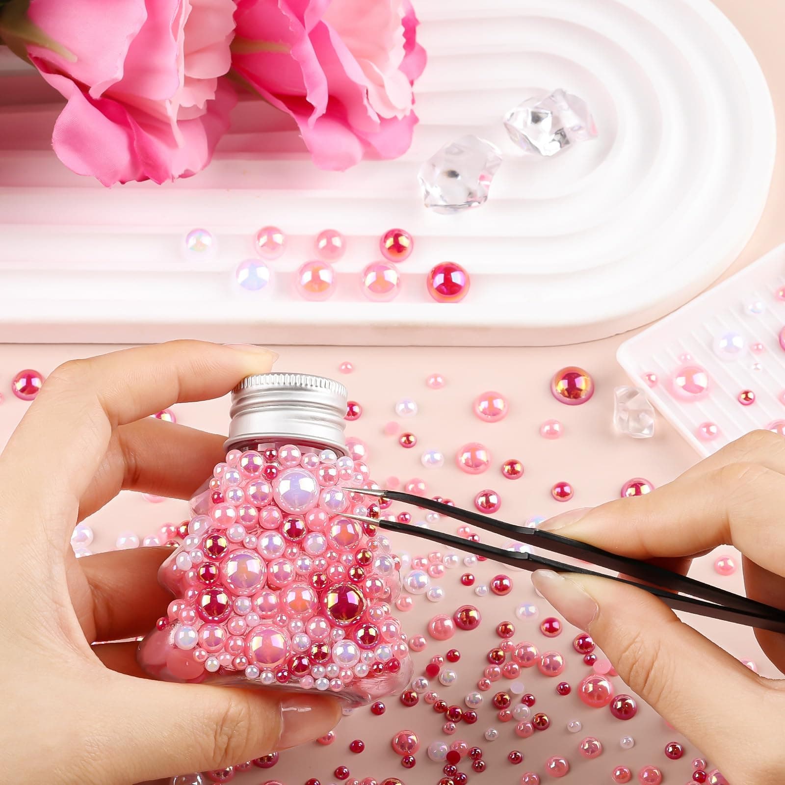 100g Flatback Pearls for Crafts,Assorted Sizes Half Round Pearl Beads Rhinestones for Nails,Pearl Flatback Resin Cabochons Beads for DIY Crafts Decoration (Pink Series)