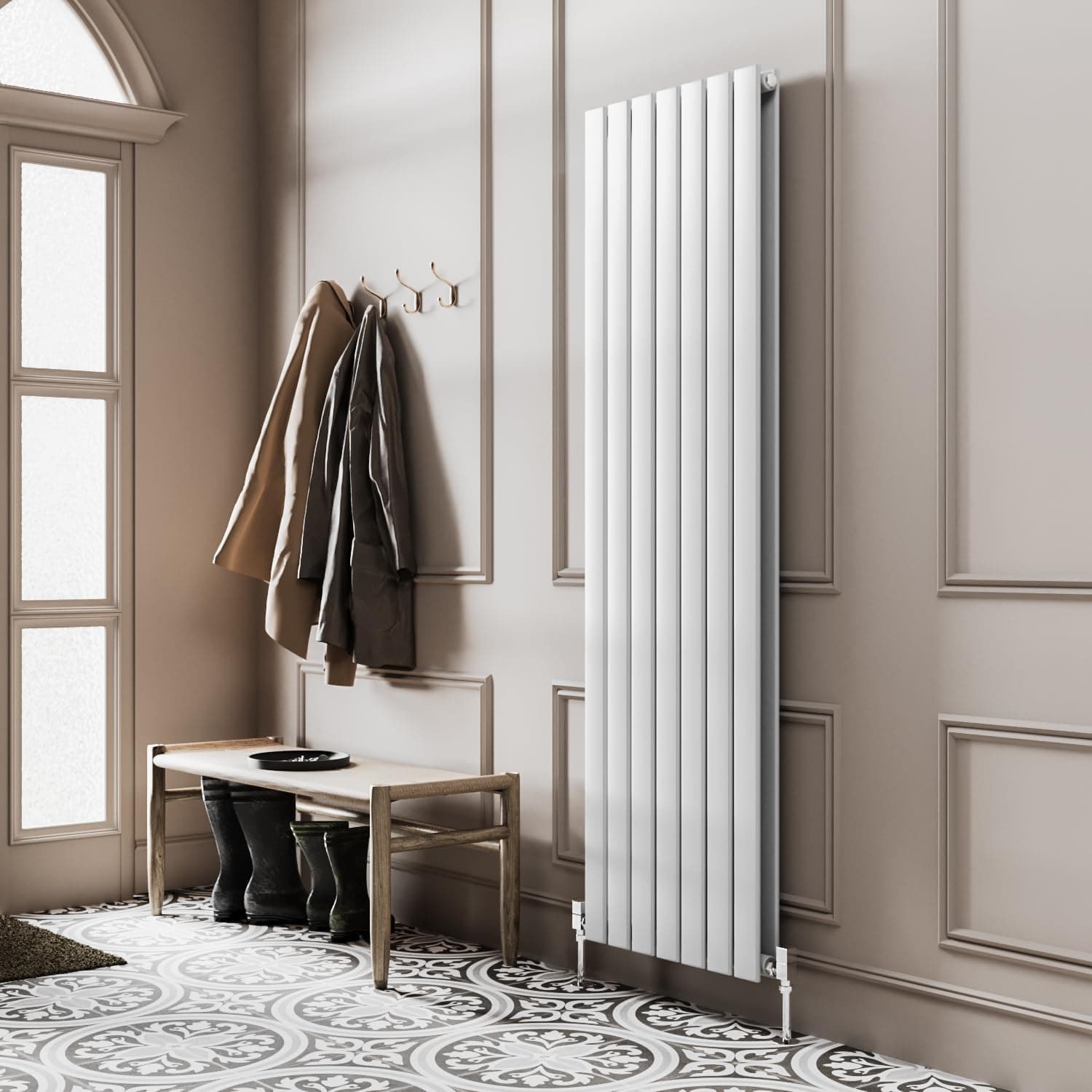 Pinta 1800 x 475mm Vertical Radiator White Flat Panel Double Column Tall Upright Radiator White Wall Mounted Central Heating Includes Mounting Brackets