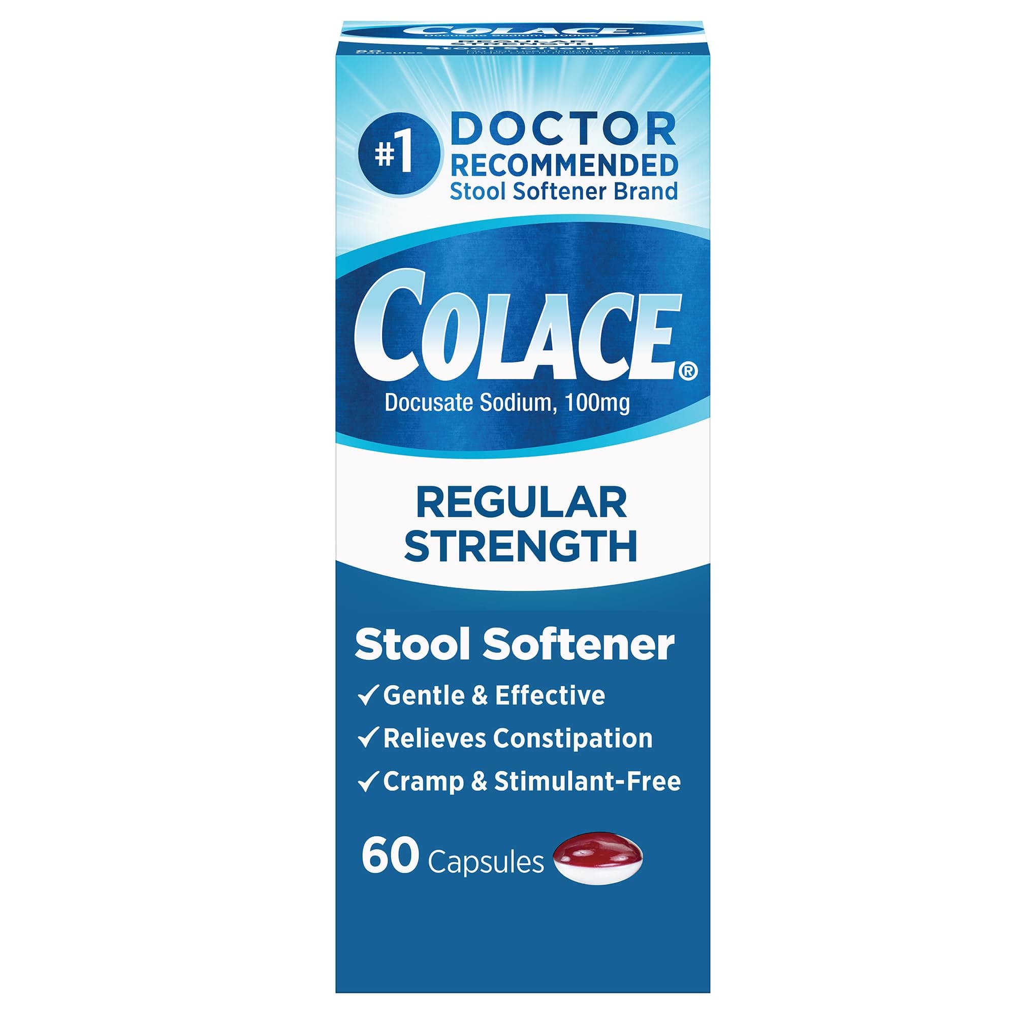 Colace Docusate Sodium, Stool Softener Capsules, 100 mg