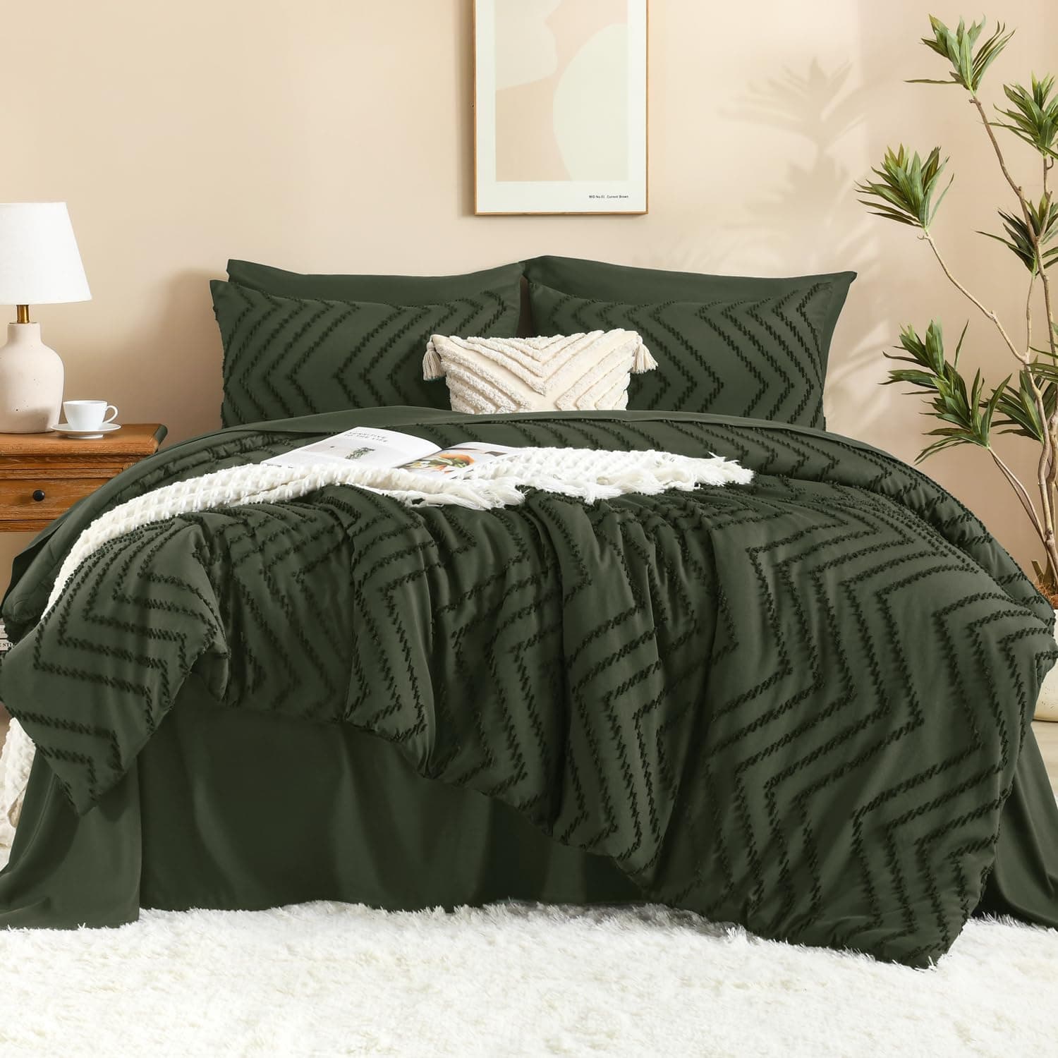 Litanika King Size Comforter Set with Sheets Dark Olive Green - 7 Pieces Bed in a Bag King Chevron Tufted Complete Bedding Sets with Comforter, Sheets, Pillowcases & Shams