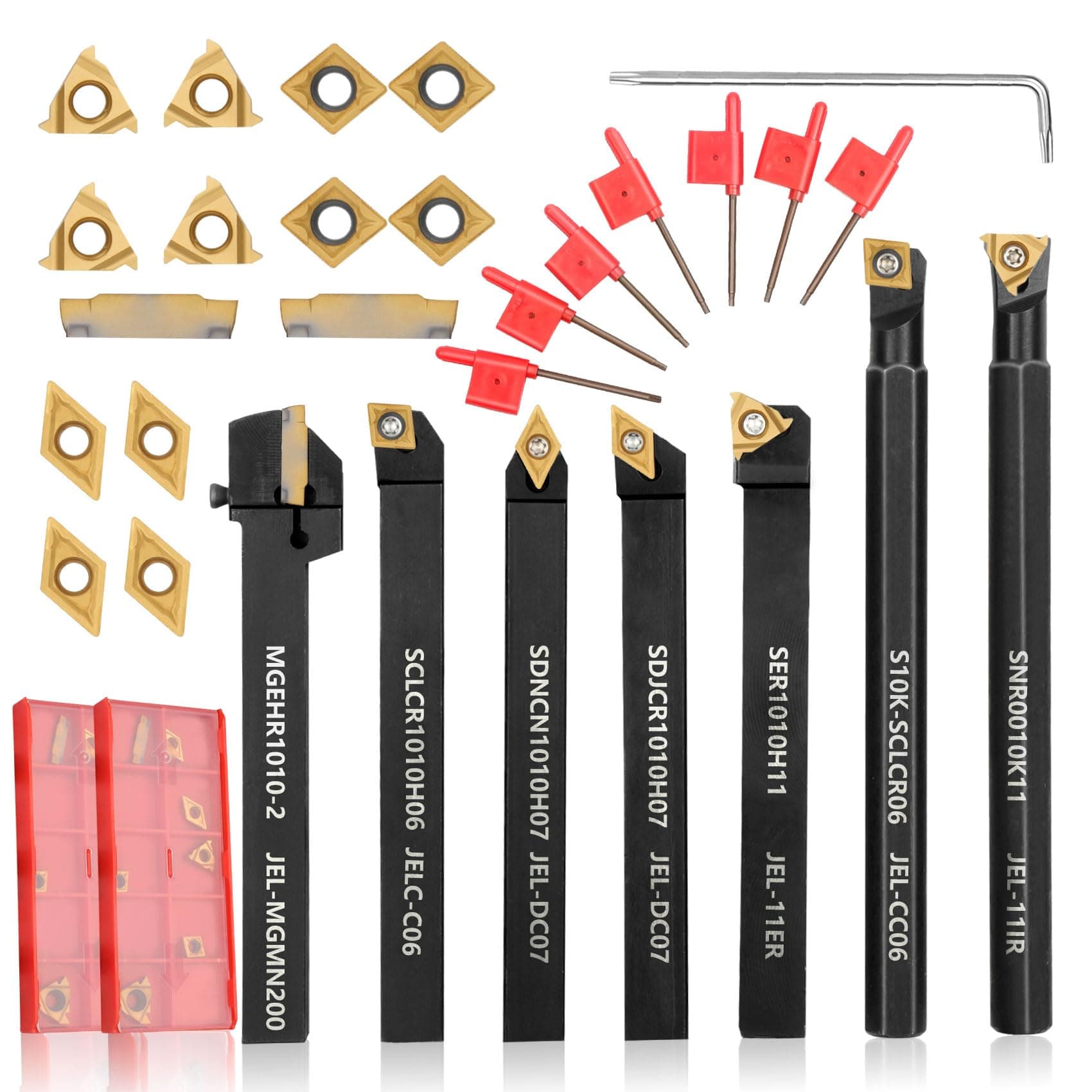 Indexable Lathe Turning Tool 14Pcs Kit 3/8'' 10mm Shank 7 Pcs Metal Lathe Tools Holder Set for Turning Grooving Threading Boring with 7 Pcs Carbide Inserts Turning Inserts Carbide Turning Tool