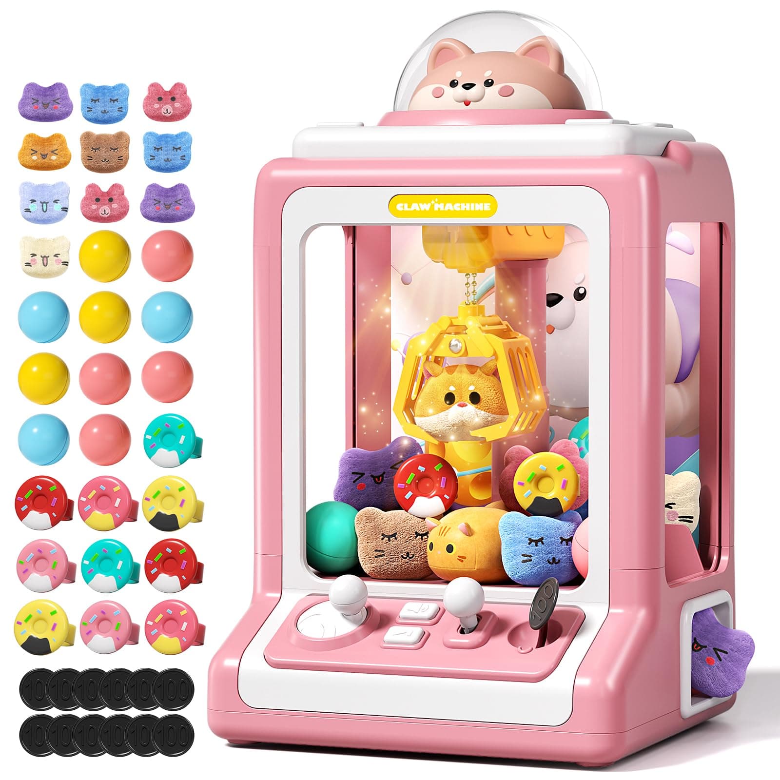 Claw Machine for Kids, Mini Vending Machine with Game Coins & Music, Prize Dispenser Toys for Girls and Boys, Electronic Claw Game Machine for Party Birthdays, Includes 35 Mini Toys (Doggy Pink)