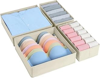 DIMJ 4 Pack Drawer Organizer Clothes - Foldable Dresser Underwear Drawer Organizer Bins, Sock Bra Storage for baby Clothes, Bedroom, Office, Beige Sand