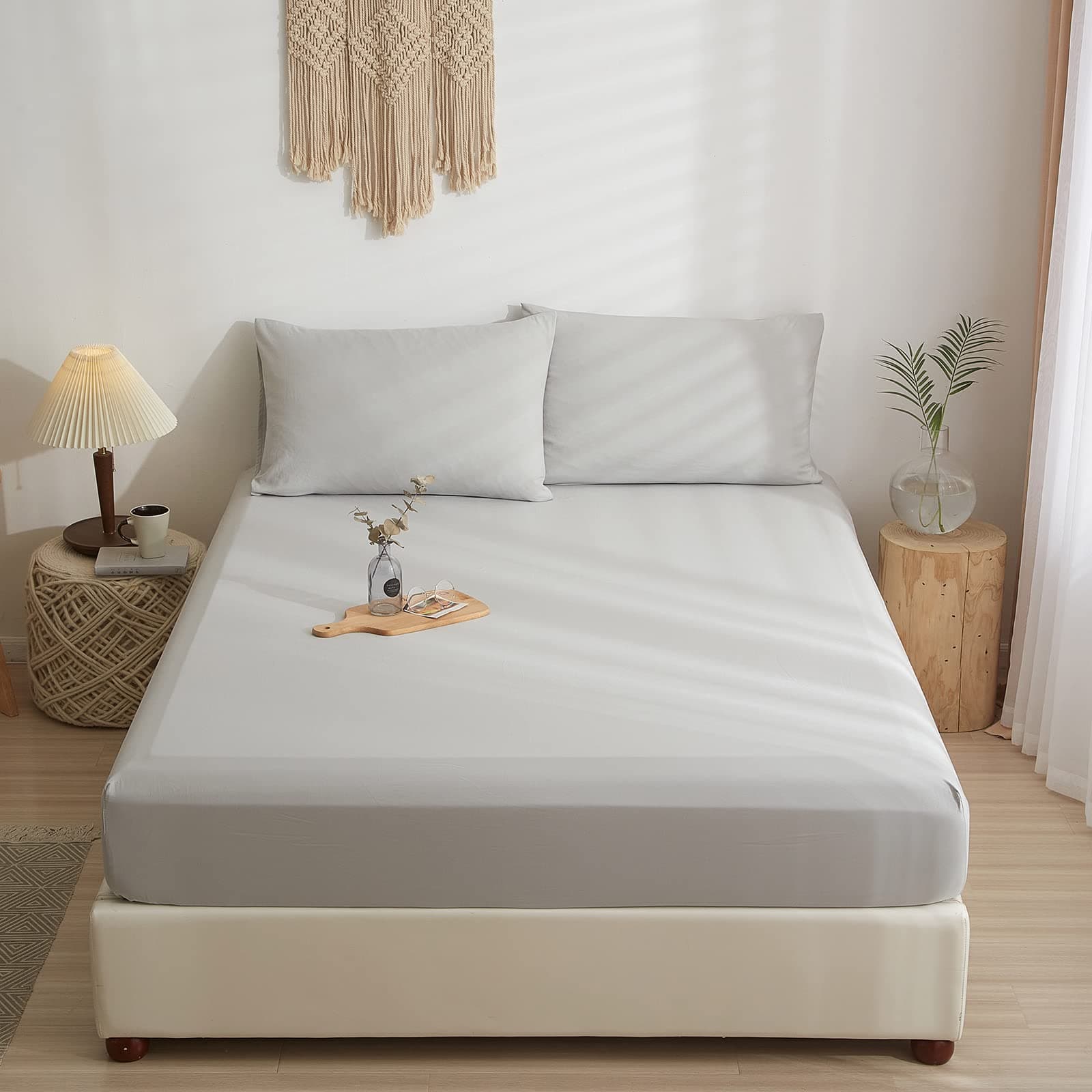 VClife Queen Fitted Sheet Simple Style Light Grey Fitted Sheet Only Breathable Cooling Fade Resistant Washed Microfiber Gray Queen Size Fitted Sheet with Deep Pocket for All Season 60" x 80"