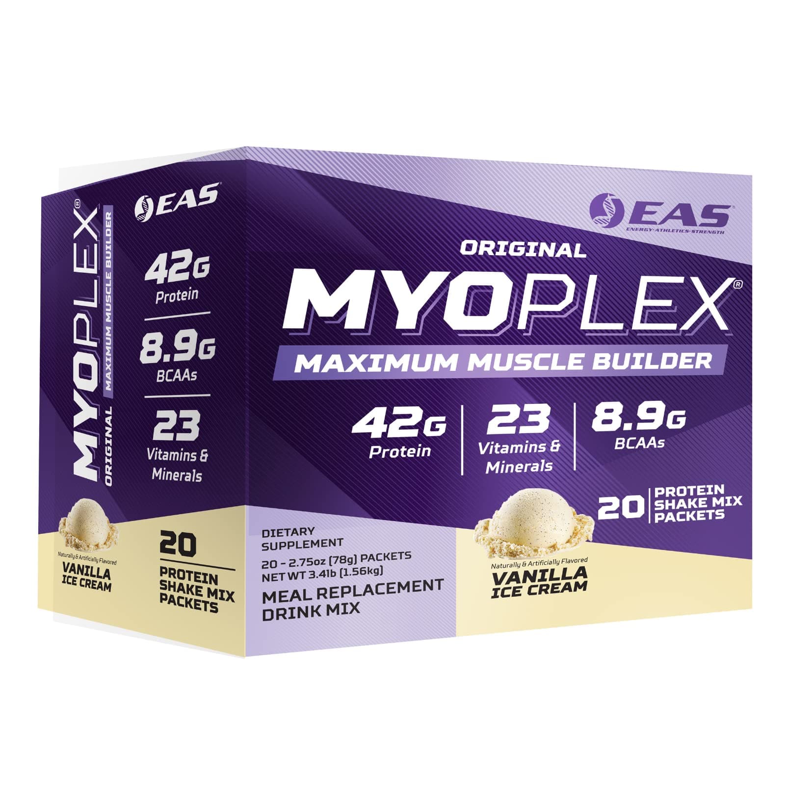 EAS Original Myoplex Maximum Muscle Builder | Meal Replacement Protein Drink Mix | Quality Protein Blend | 42g Protein | 20 Individual Packets (Vanilla Ice Cream)
