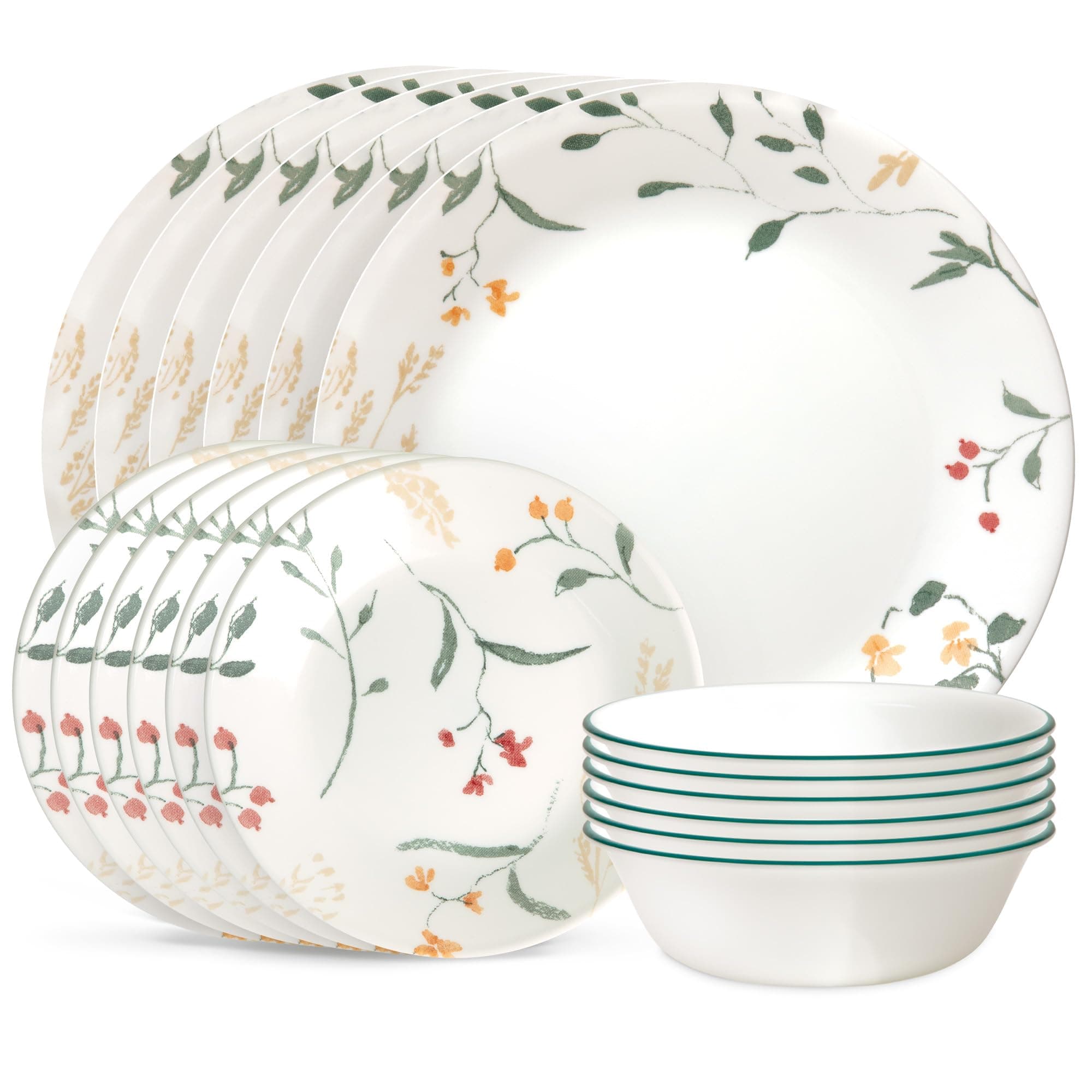 Corelle Vitrelle 18 Piece Glass Dinnerware Sets, Service for 6, Triple Layer Chip & Crack Resistant Glass Plate and Bowl Sets, Wildflower